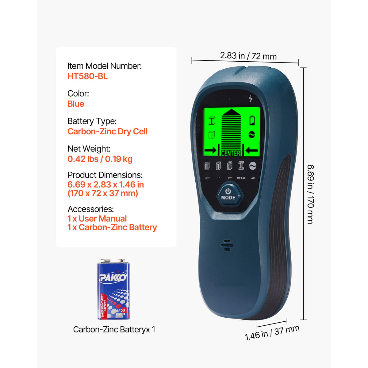 5-in-1 Stud Finder Wall Scanner, Electronic Stud Detector, LCD & Alarm, Blue
