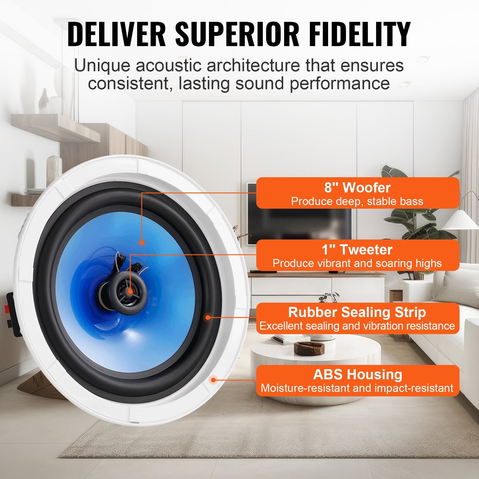 2 PCs 203.2 mm in Ceiling Speakers, 50-Watts, Flush Mount Ceiling & in-Wall Speakers System with Impedance 89dB Sensitivity, for Home Kitchen Living Room Bedroom or Covered Outdoor Porches
