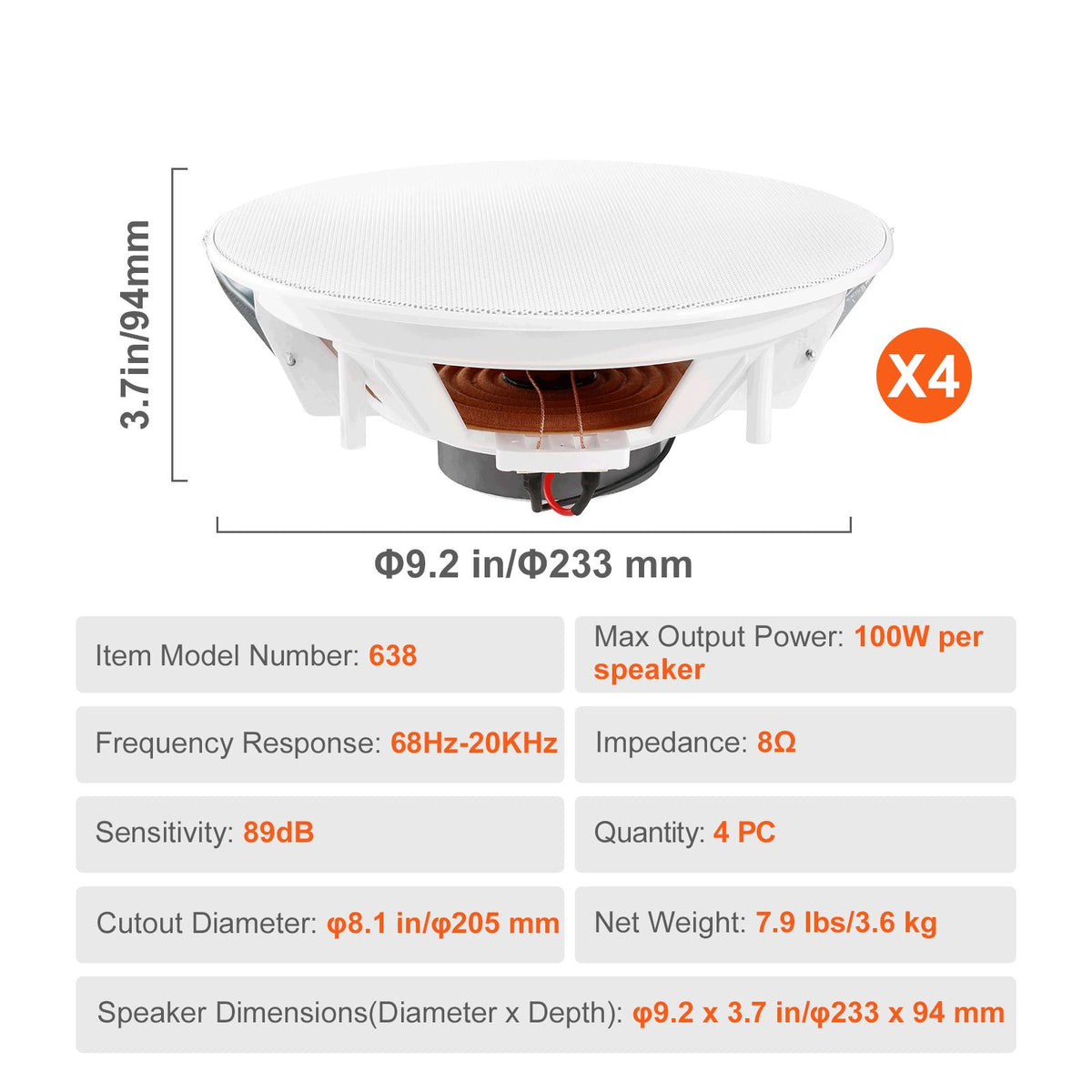 4 PCs 203.2 mm in Ceiling Speakers, 100-Watts, Flush Mount Ceiling & in-Wall Speakers
