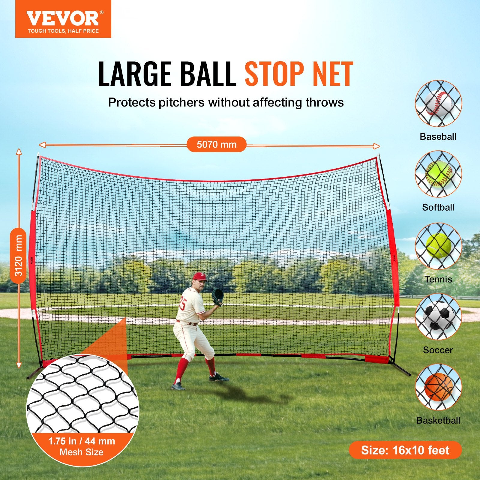 Barricade Backstop Net, 16x10 ft Ball Sports Barrier Netting, Portable Practice Equipment with Carry Bag, Protection Screen for Baseball Softball Lacrosse Soccer Hockey Training, for Backyard