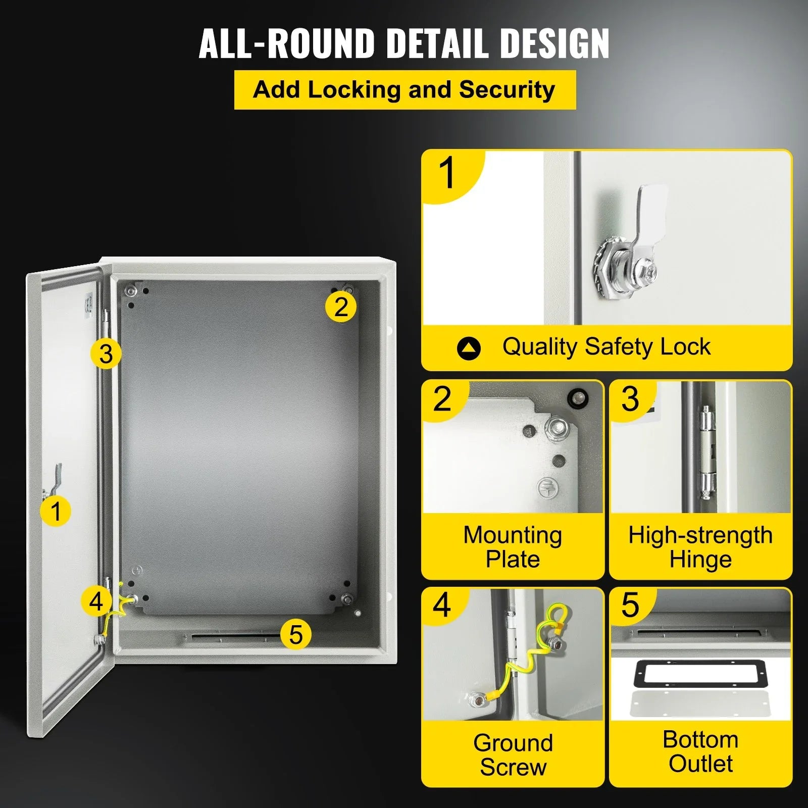 Steel Electrical Box 16'' x 12'' x 8'' Electrical Enclosure Box, Carbon Steel Hinged Junction Box, IP65 Weatherproof Metal Box Wall-Mounted Electronic Equipment Enclosure Box with Mounting Plate