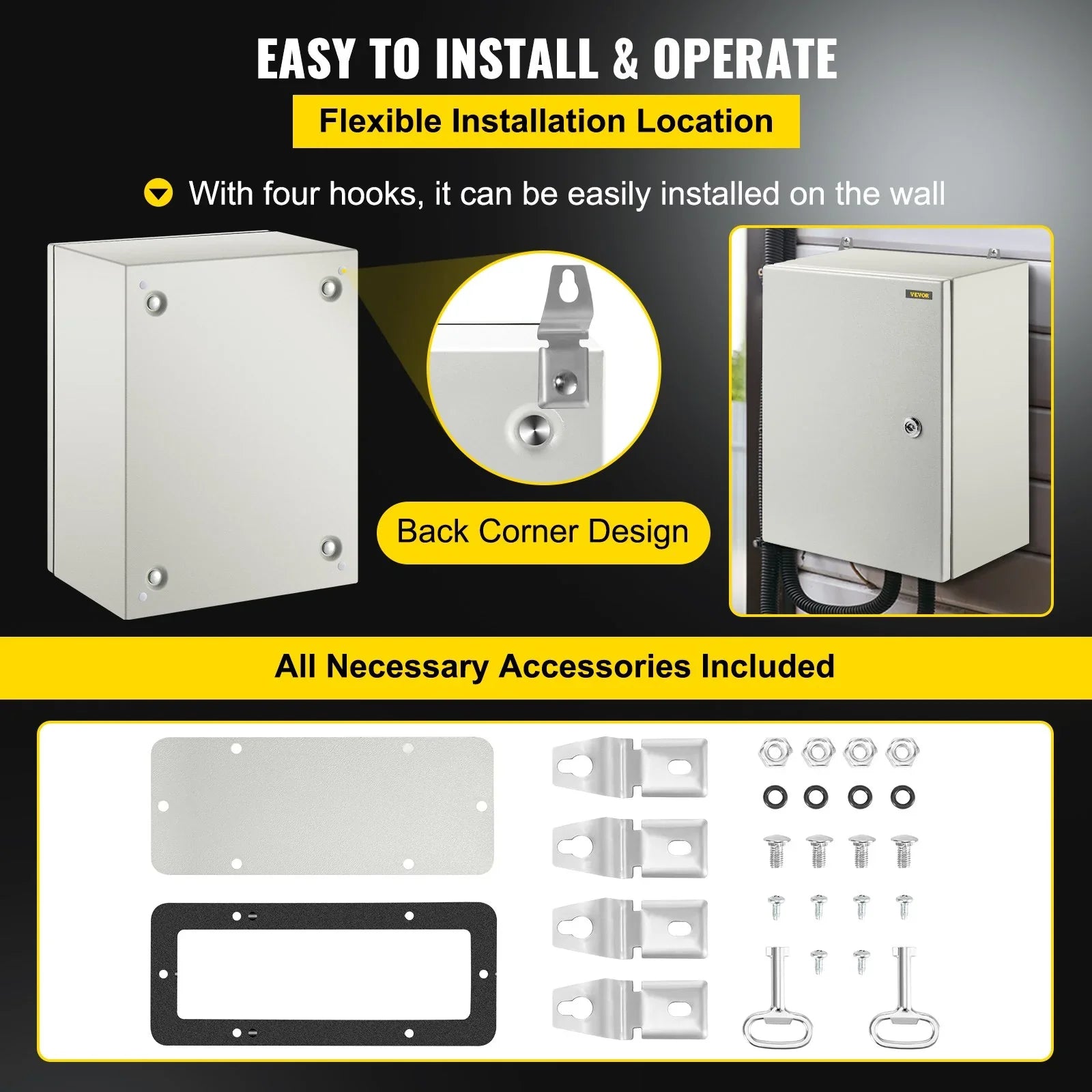 Steel Electrical Box 16'' x 12'' x 8'' Electrical Enclosure Box, Carbon Steel Hinged Junction Box, IP65 Weatherproof Metal Box Wall-Mounted Electronic Equipment Enclosure Box with Mounting Plate