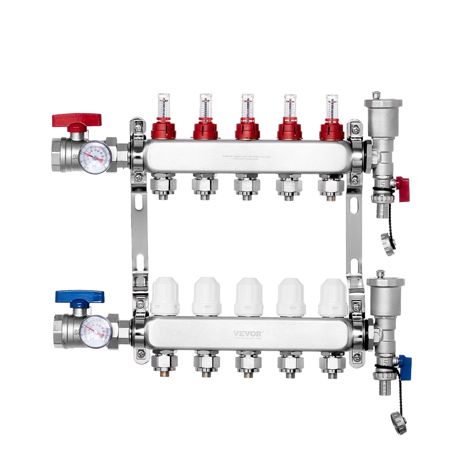 5-Branch Radiant Heat Manifold, 1/2" PEX Tubing Manifold, Stainless Steel PEX Manifold for Hydronic Radiant Floor Heating, Radiant Heat PEX Manifold Kit with 1/2" Adapters Included