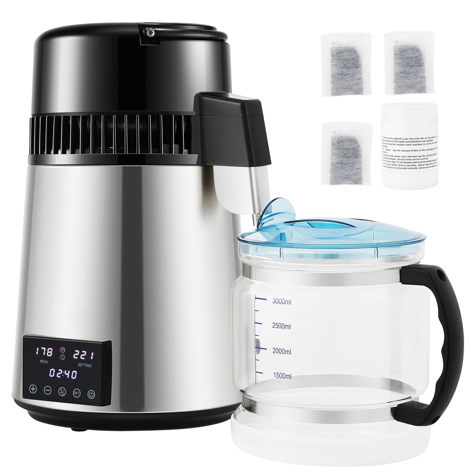 4L Water Distiller 1.5L/H Distilled Water Maker Timing Dual-Temp Silver