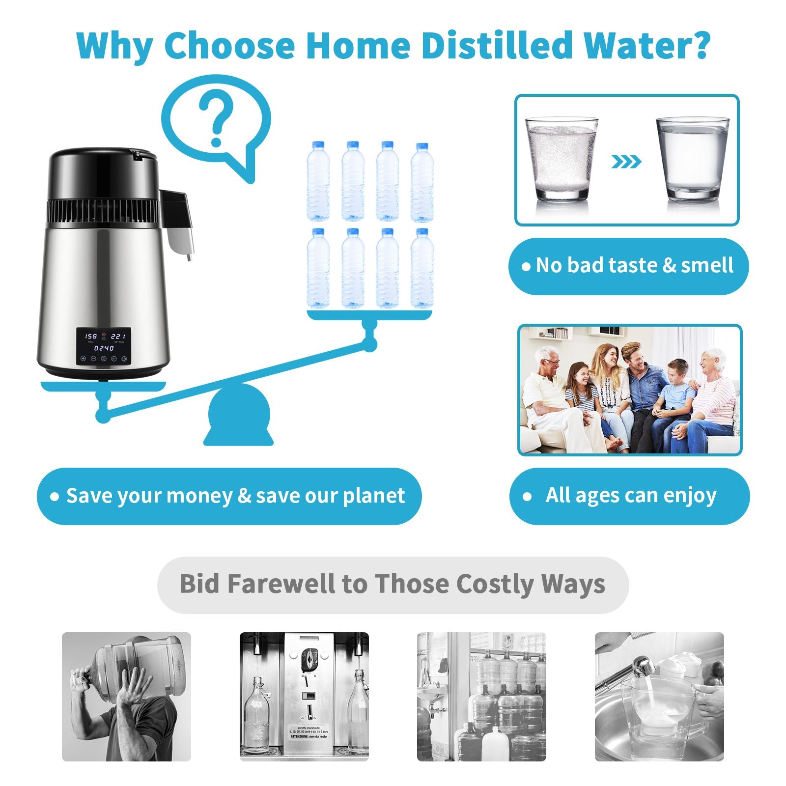 4L Water Distiller 1.5L/H Distilled Water Maker Timing Dual-Temp Silver