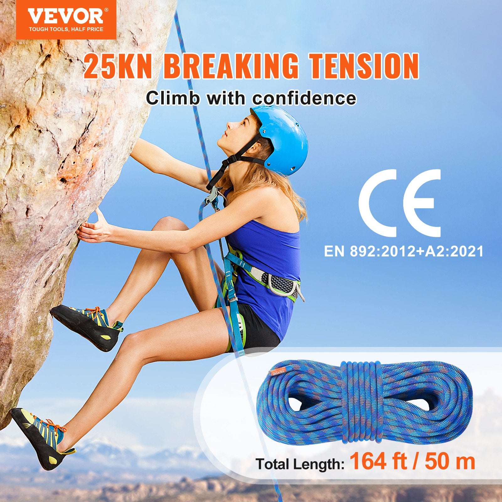 10.2mm Dynamic Climbing Rope, 50M(164ft) Outdoor Rock Climbing Rope 25KN Breaking Tension, Stretchable Fiber Rope with Steel Snap Hooks for Escape, Rappelling, Fire Rescue, Blue
