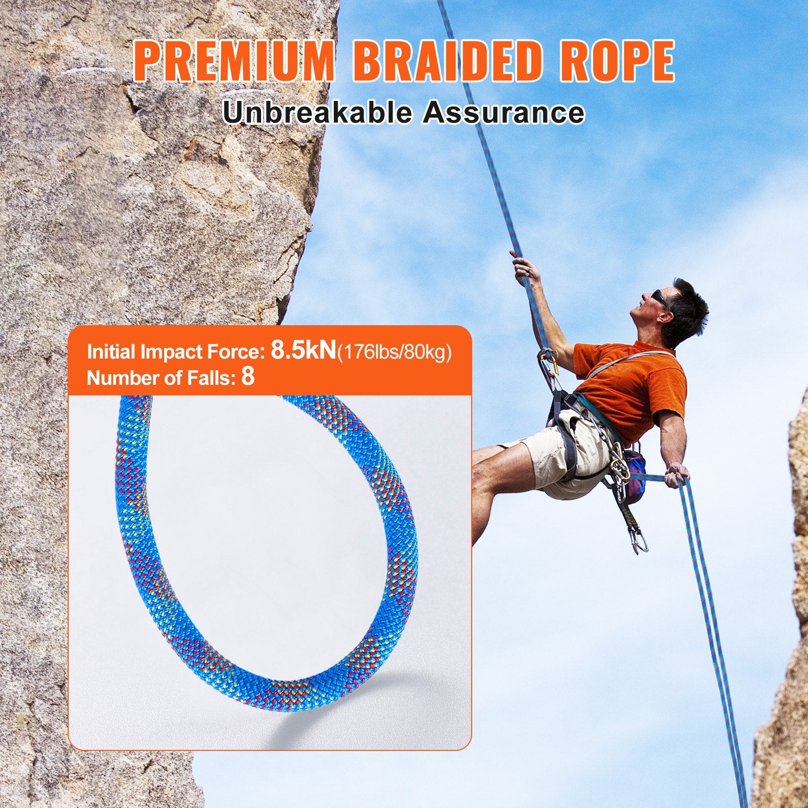 10.2mm Dynamic Climbing Rope, 70M(230ft) Outdoor Rock Climbing Rope 25KN Breaking Tension, Stretchable Fiber Rope with Steel Snap Hooks for Escape, Rappelling, Fire Rescue, Blue