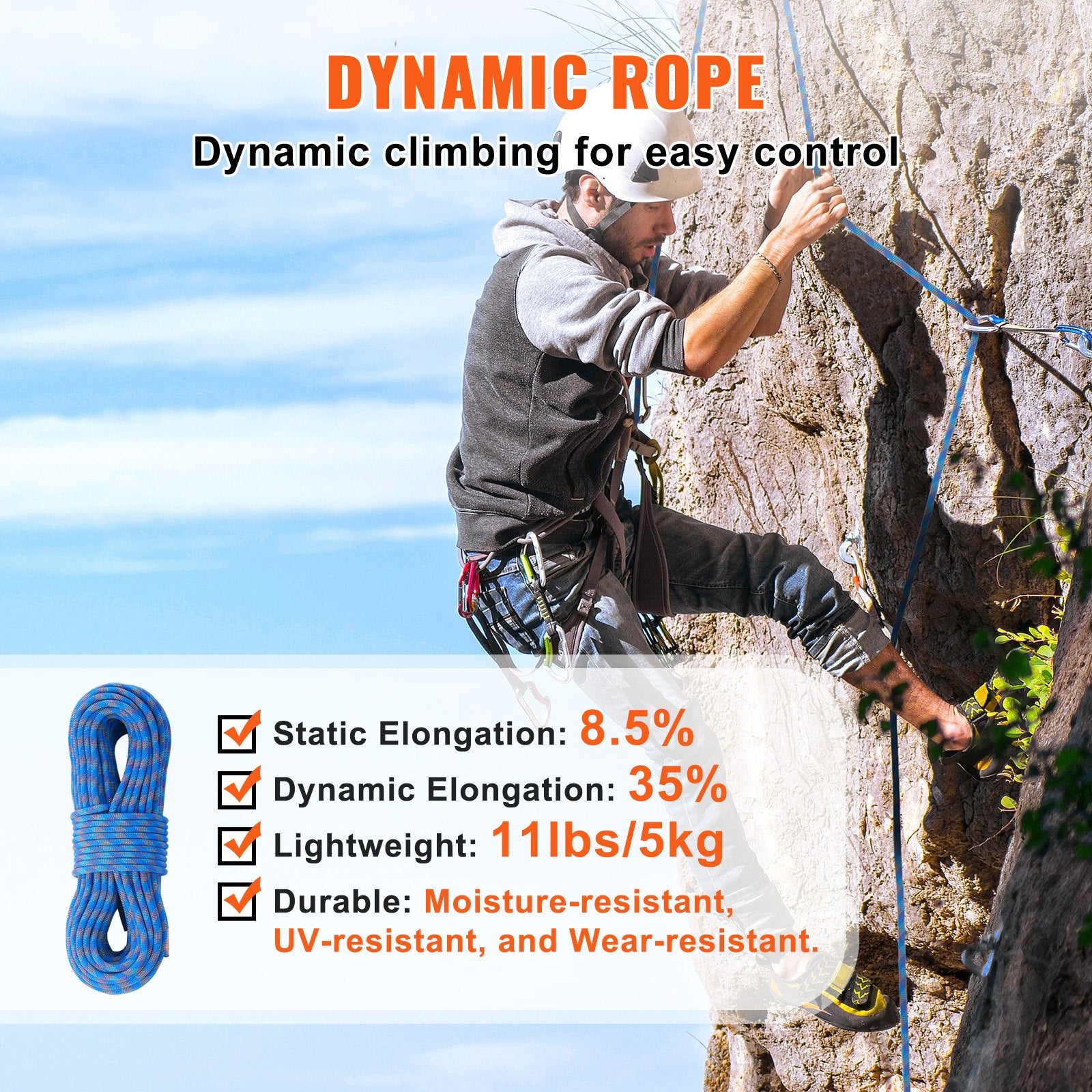10.2mm Dynamic Climbing Rope, 70M(230ft) Outdoor Rock Climbing Rope 25KN Breaking Tension, Stretchable Fiber Rope with Steel Snap Hooks for Escape, Rappelling, Fire Rescue, Blue