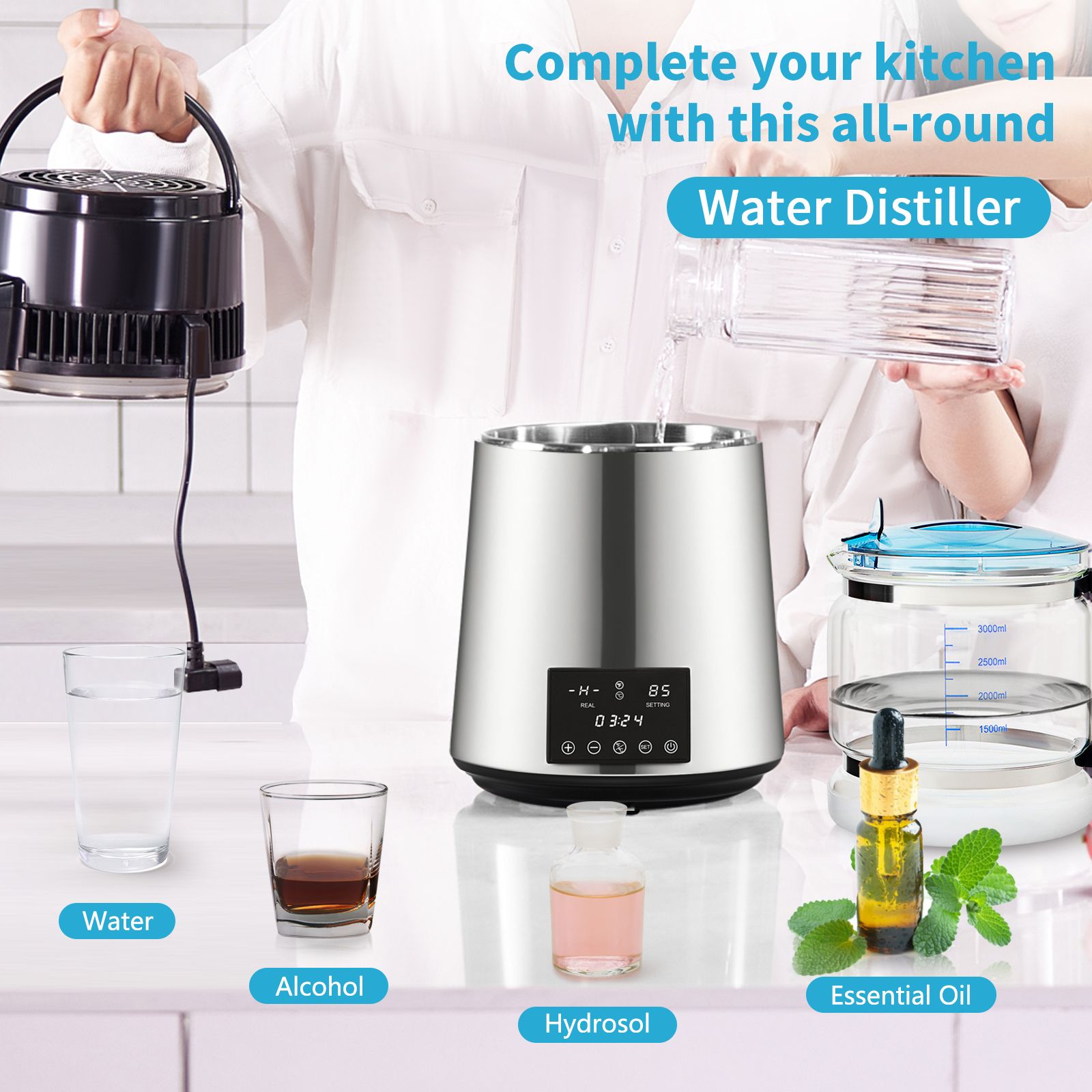 4L Water Distiller Distilled Water Maker 1 L/H w/ Timing Dual-Temp Silver