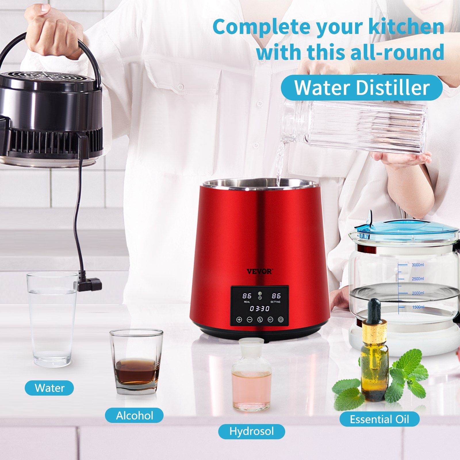 4L Water Distiller Distilled Water Maker 1 L/H w/ Timing Dual Temp Red