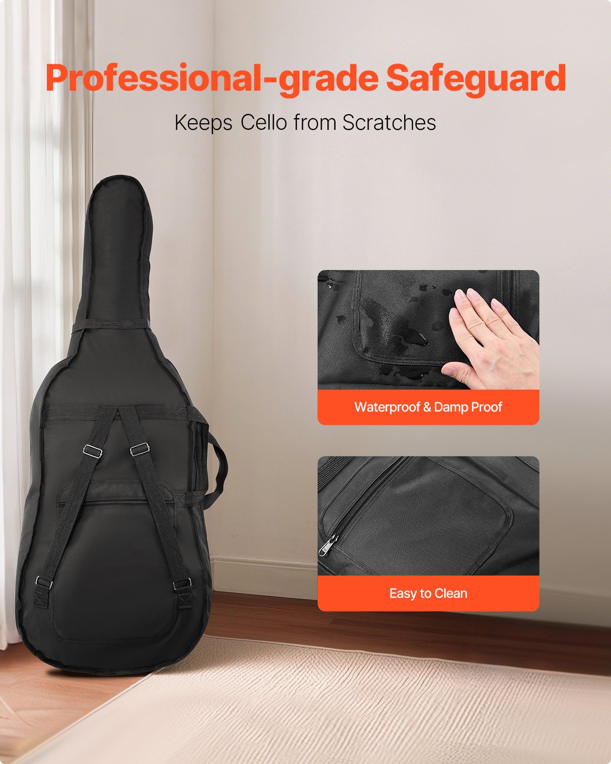 4/4 Full Size Cello Case, Nylon Waterproof, Lightweight Portable Travel Carrying Bag, with Reinforced Handle, Dual Shoulder Straps, Anti-Scratch, Professional Cello-Shape, for Cello, Black