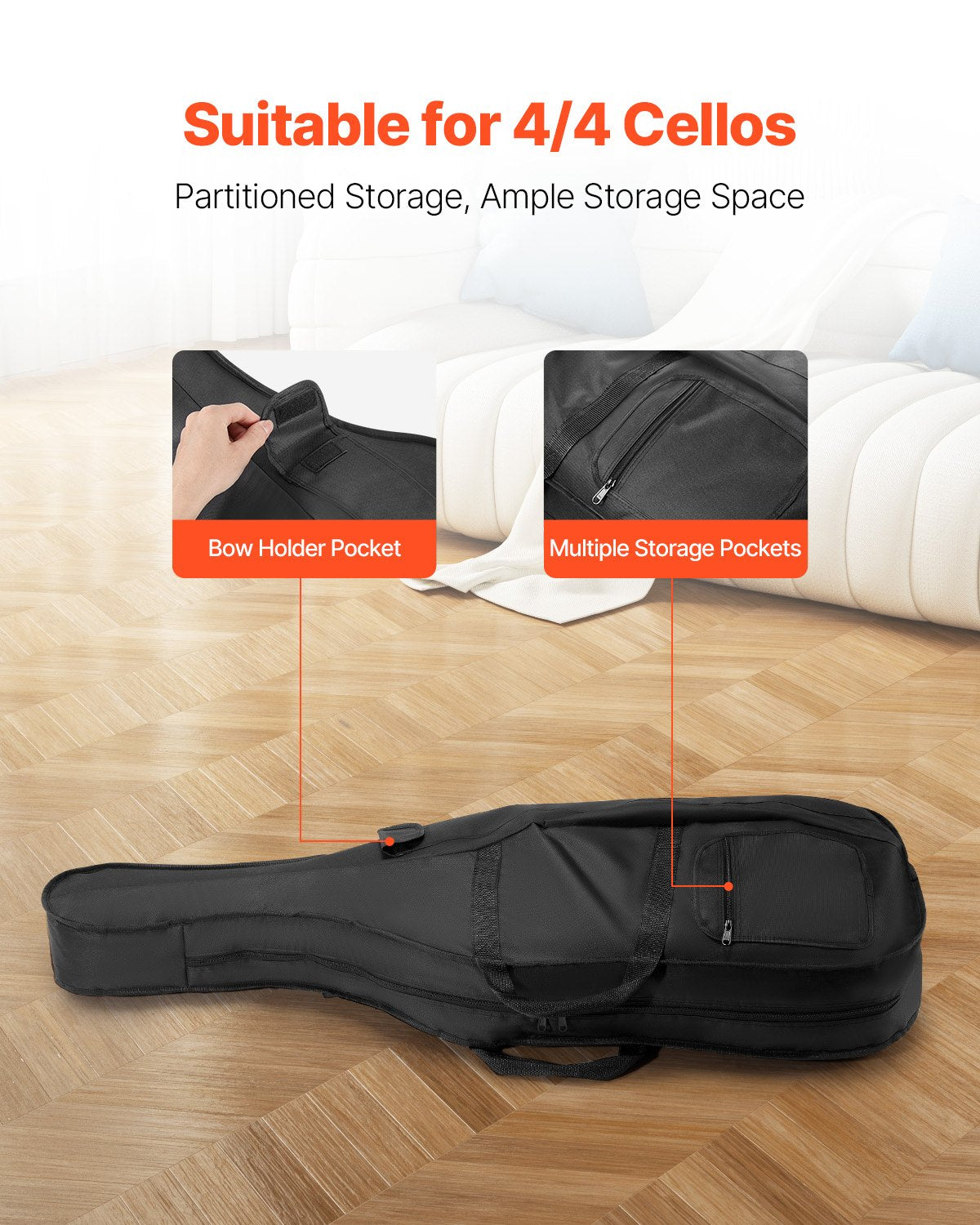 4/4 Full Size Cello Case, Nylon Waterproof, Lightweight Portable Travel Carrying Bag, with Reinforced Handle, Dual Shoulder Straps, Anti-Scratch, Professional Cello-Shape, for Cello, Black