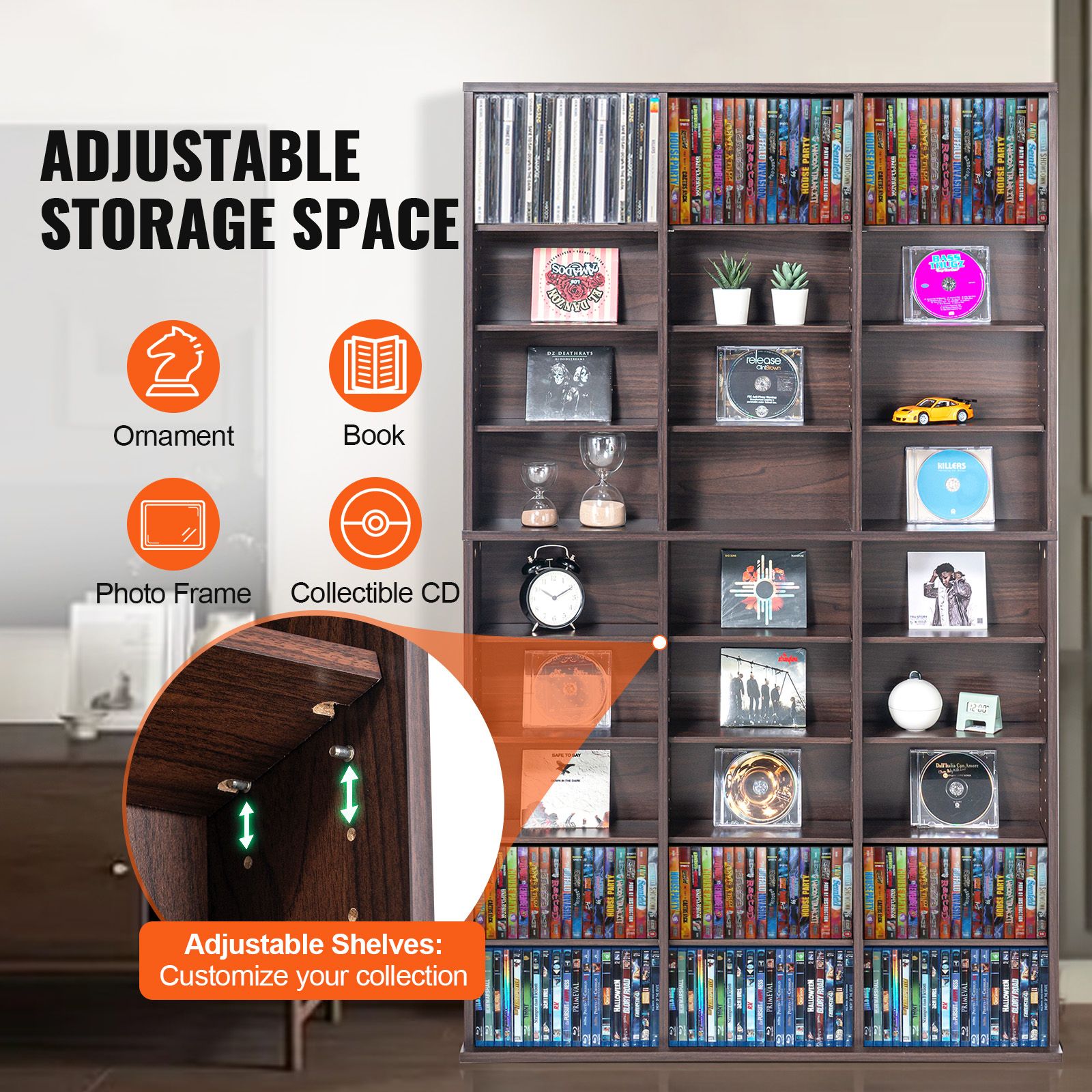 Media Storage Cabinet, 9-layer DVD Shelf Holds up to 756 CDs, Adjustable CD Shelves 27 Compartments, Protects & Organizes Music, Movie, Video Games or Memorabilia Collections, Espresso
