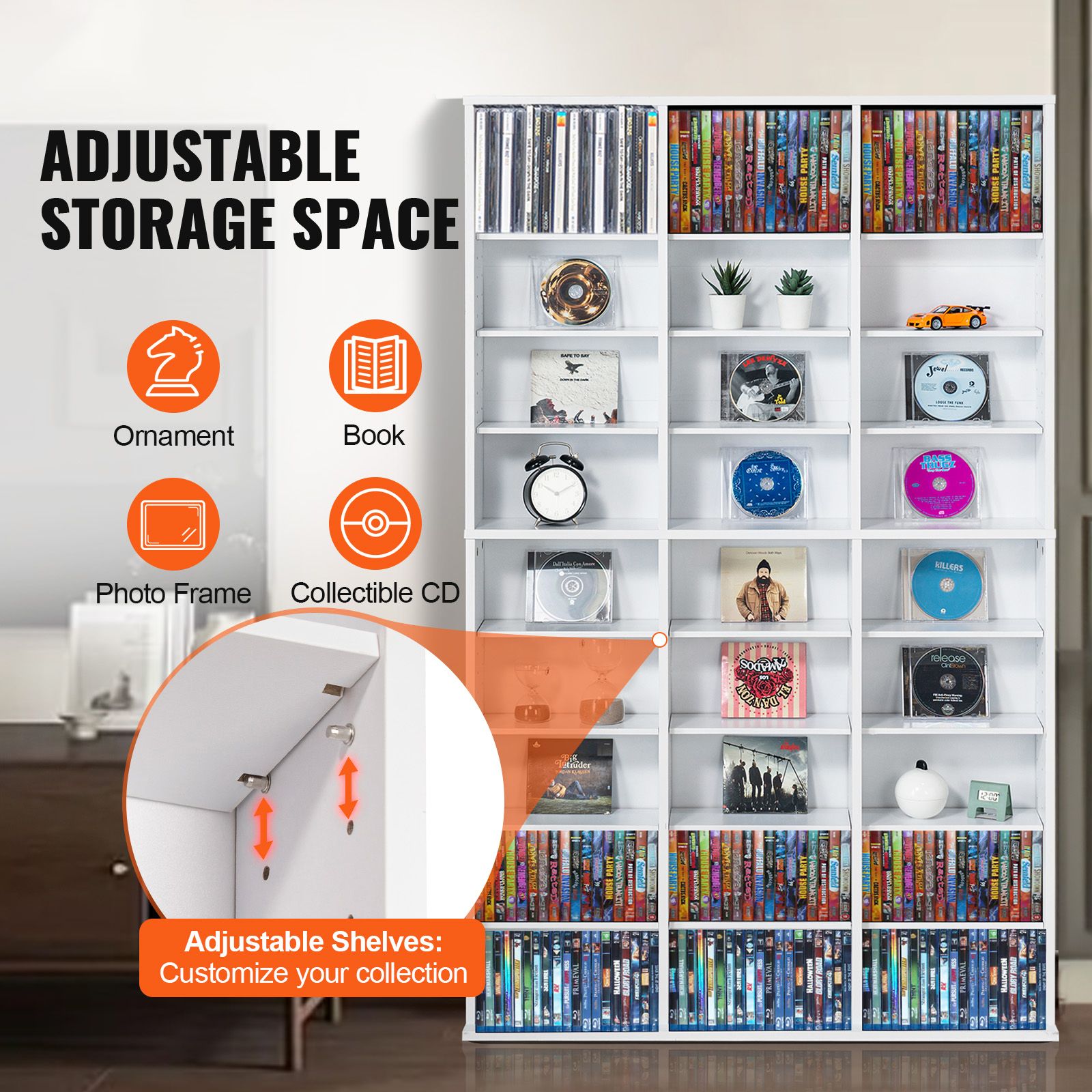 Media Storage Cabinet, 9-layer DVD Shelf Holds up to 756 CDs, Adjustable CD Shelves 27 Compartments, Protects & Organizes Music, Movie, Video Games or Memorabilia Collections,White