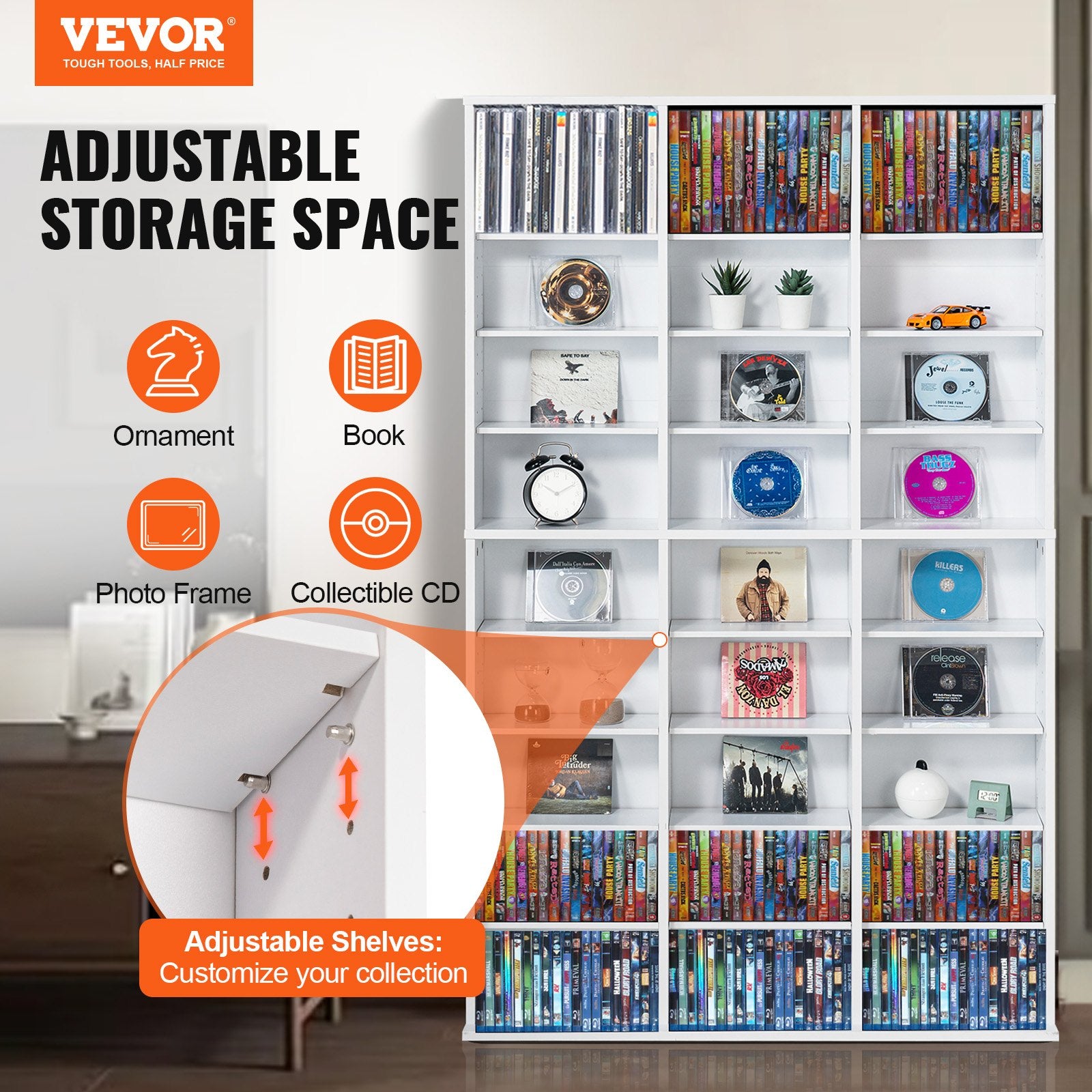 Media Storage Cabinet, 9-layer DVD Shelf Holds up to 756 CDs, Adjustable CD Shelves 27 Compartments, Protects & Organizes Music, Movie, Video Games or Memorabilia Collections,White