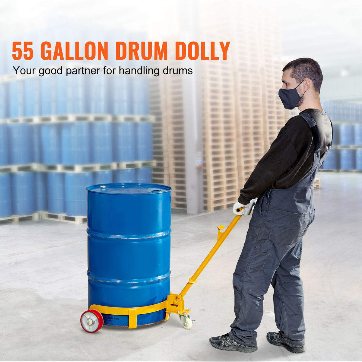 250L Drum Dolly 544kg Capacity Steel Barrel Cart with 3 Wheels Workshop