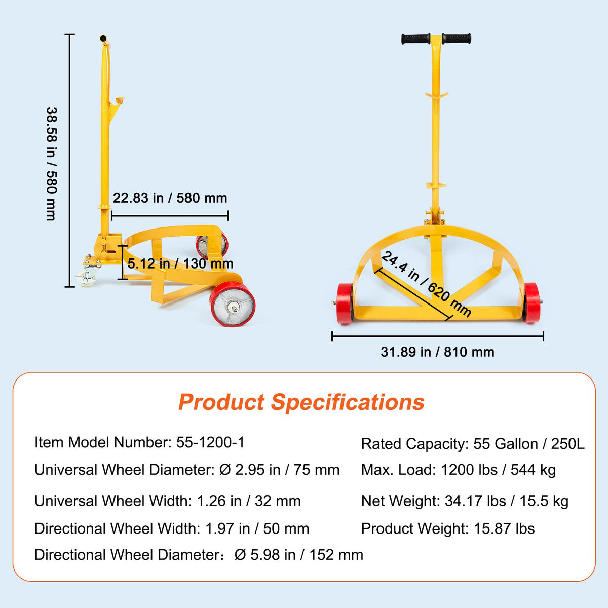 250L Drum Dolly 544kg Capacity Steel Barrel Cart with 3 Wheels Workshop