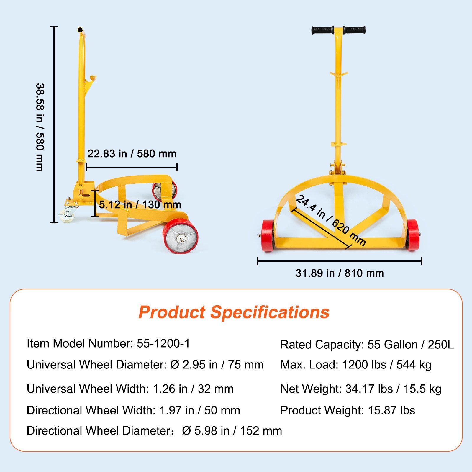 250L Drum Dolly, 544 kg Load Capacity, Barrel Dolly Cart Drum Caddy Round Dolly Steel Low Profile, Heavy Duty Steel Frame with Adjustable Handle 3 Wheels, for Workshop Factory Warehouse