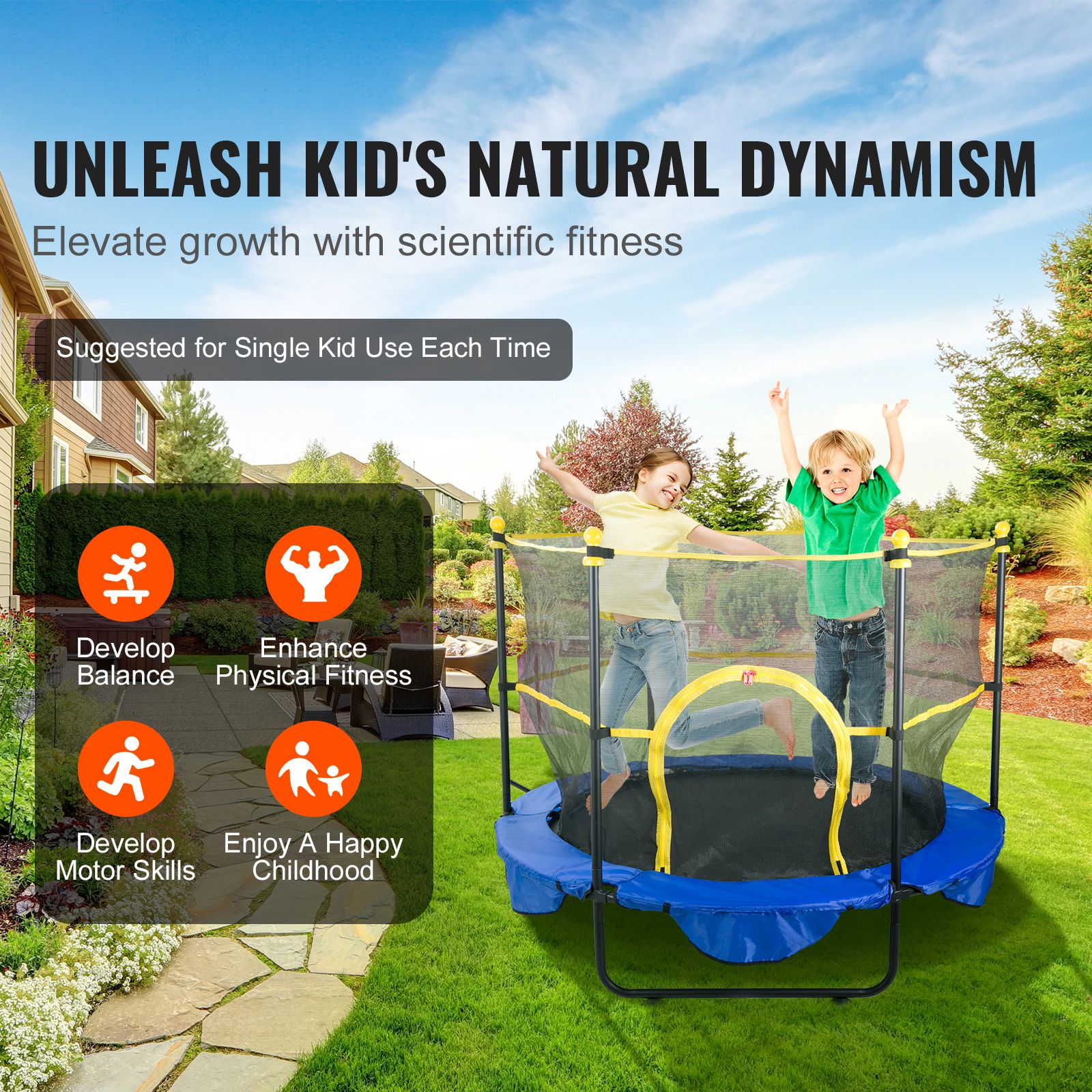 5FT Kids Trampoline with Safety Net Basketball Hoop Ocean Balls Indoor Outdoor