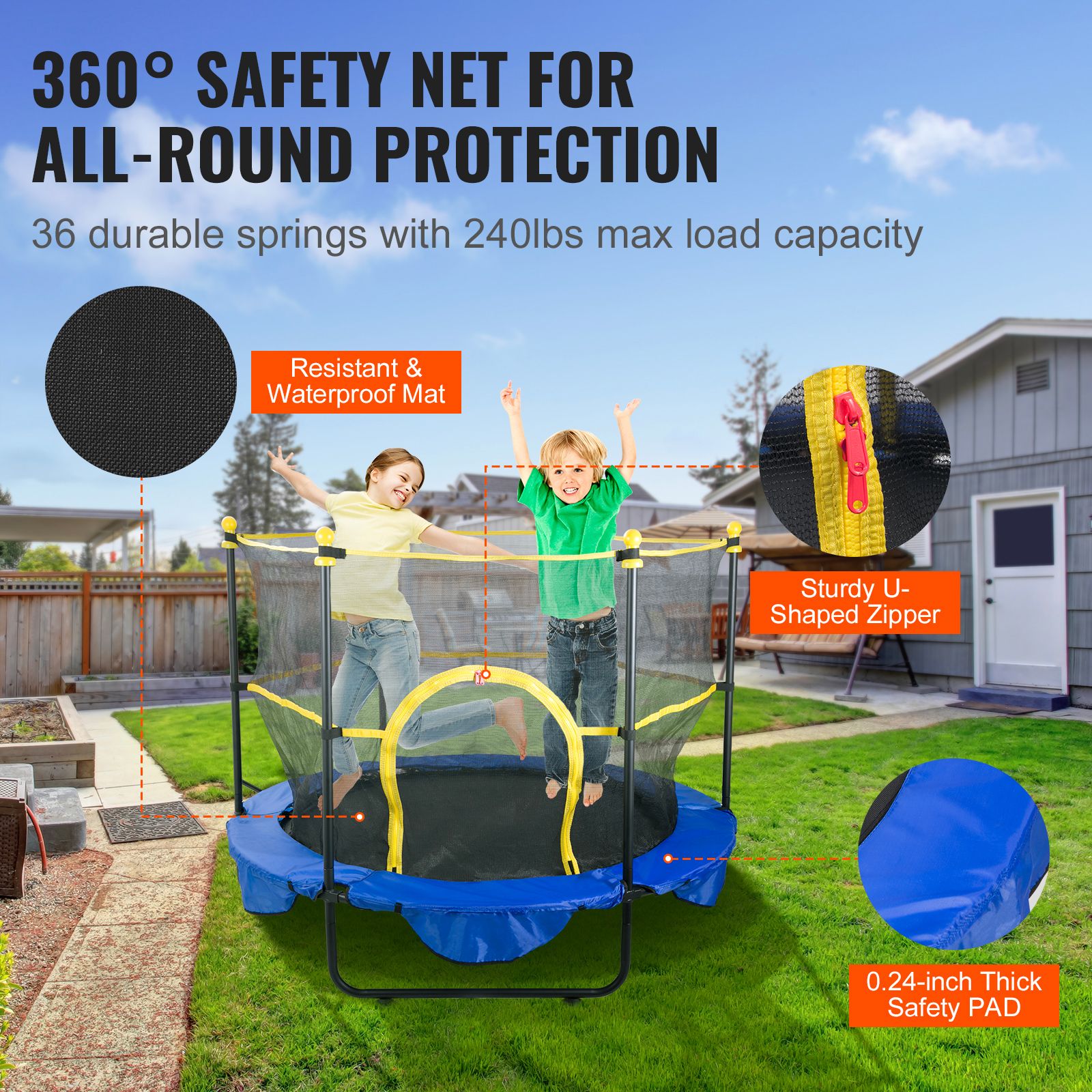 5FT Kids Trampoline with Safety Net Basketball Hoop Ocean Balls Indoor Outdoor