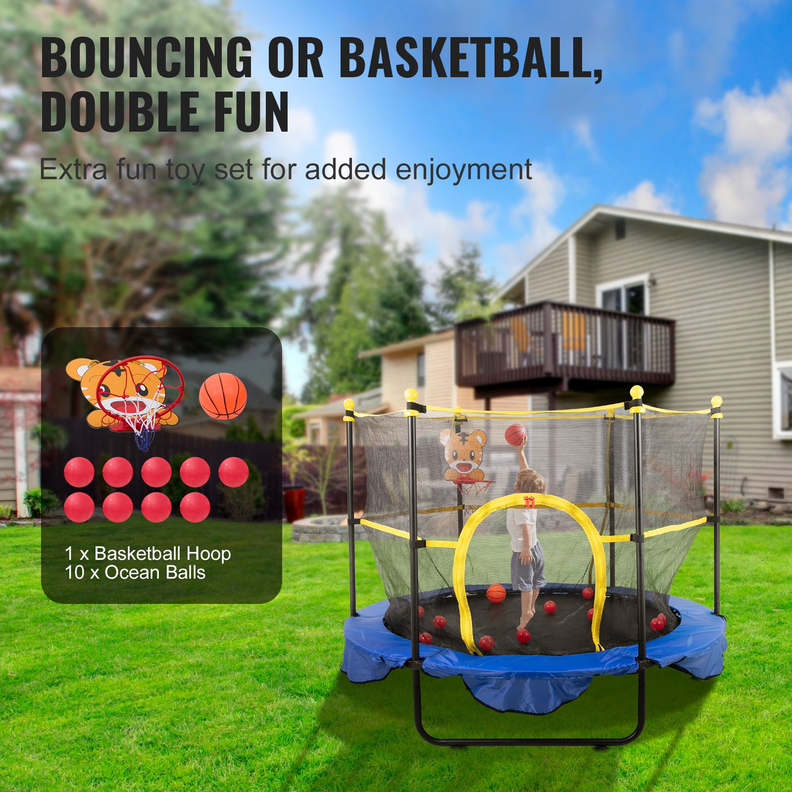 5FT Kids Trampoline with Safety Net Basketball Hoop Ocean Balls Indoor Outdoor