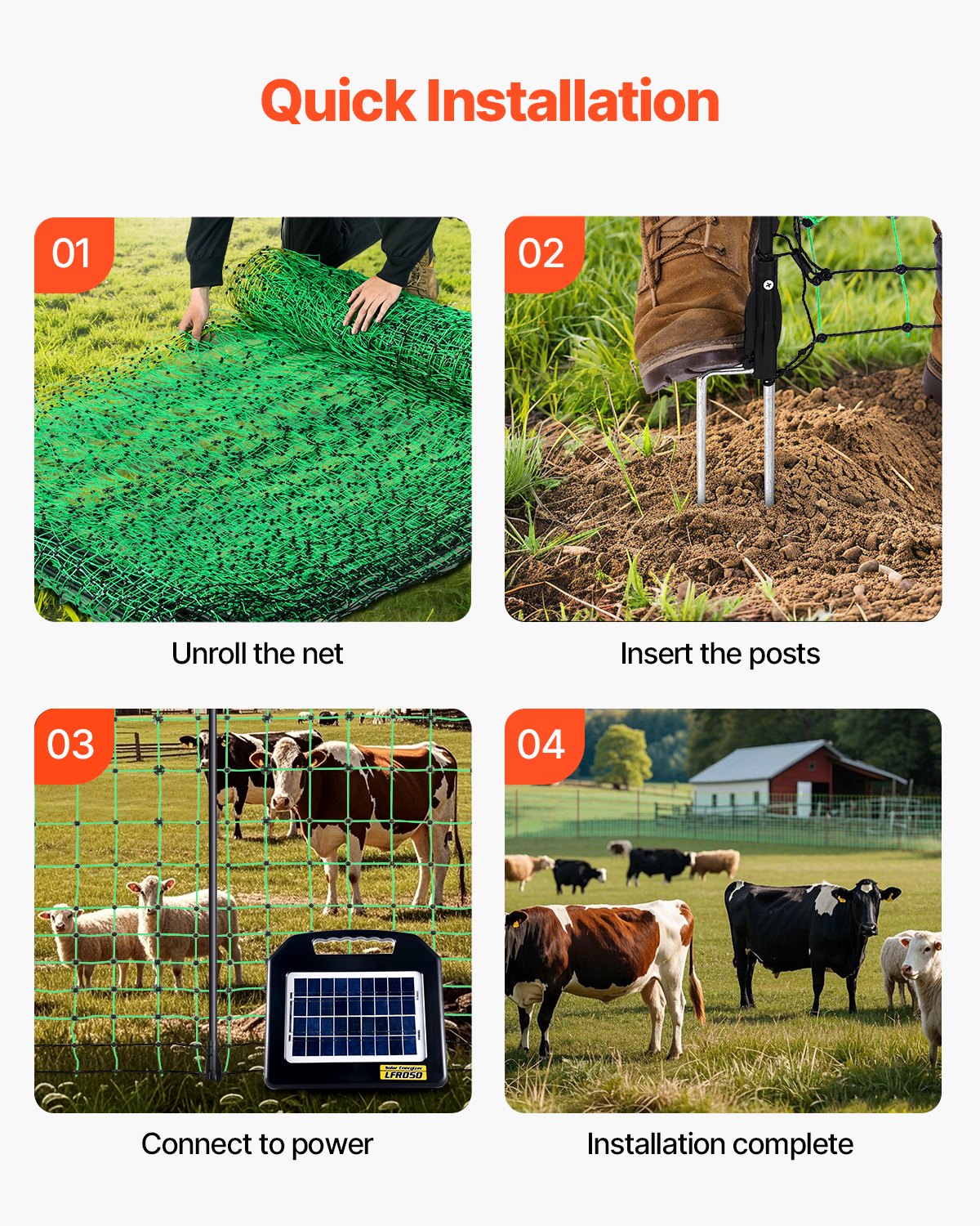 Electric Fence Netting, 0.88 x 49.98 m, PE Net Fencing with Posts & Double-Spiked Stakes, Utility Portable Mesh for Goats, Sheep, Lambs, Deer, Hogs, Dogs, Used in Backyards, Farms, and Ranches