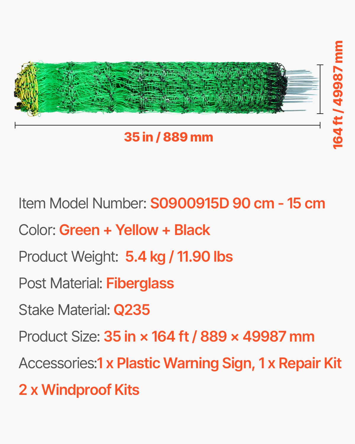 Electric Fence Netting, 0.88 x 49.98 m, PE Net Fencing with Posts & Double-Spiked Stakes, Utility Portable Mesh for Goats, Sheep, Lambs, Deer, Hogs, Dogs, Used in Backyards, Farms, and Ranches