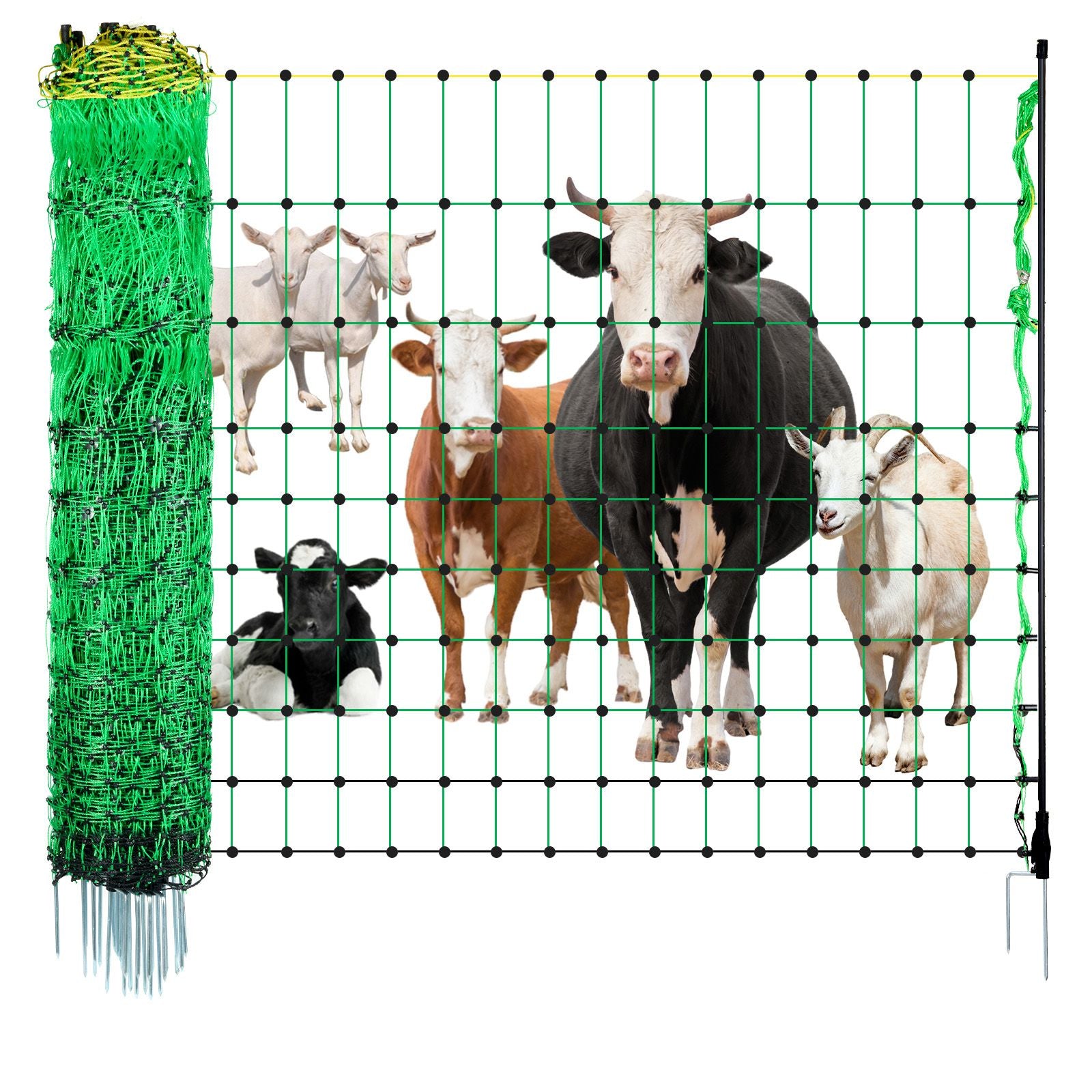 Electric Fence Netting, 1.06 x 49.98 m, PE Net Fencing with Posts & Double-Spiked Stakes, Utility Portable Mesh for Goats, Sheep, Lambs, Deer, Hogs, Dogs, Used in Backyards, Farms, and Ranches