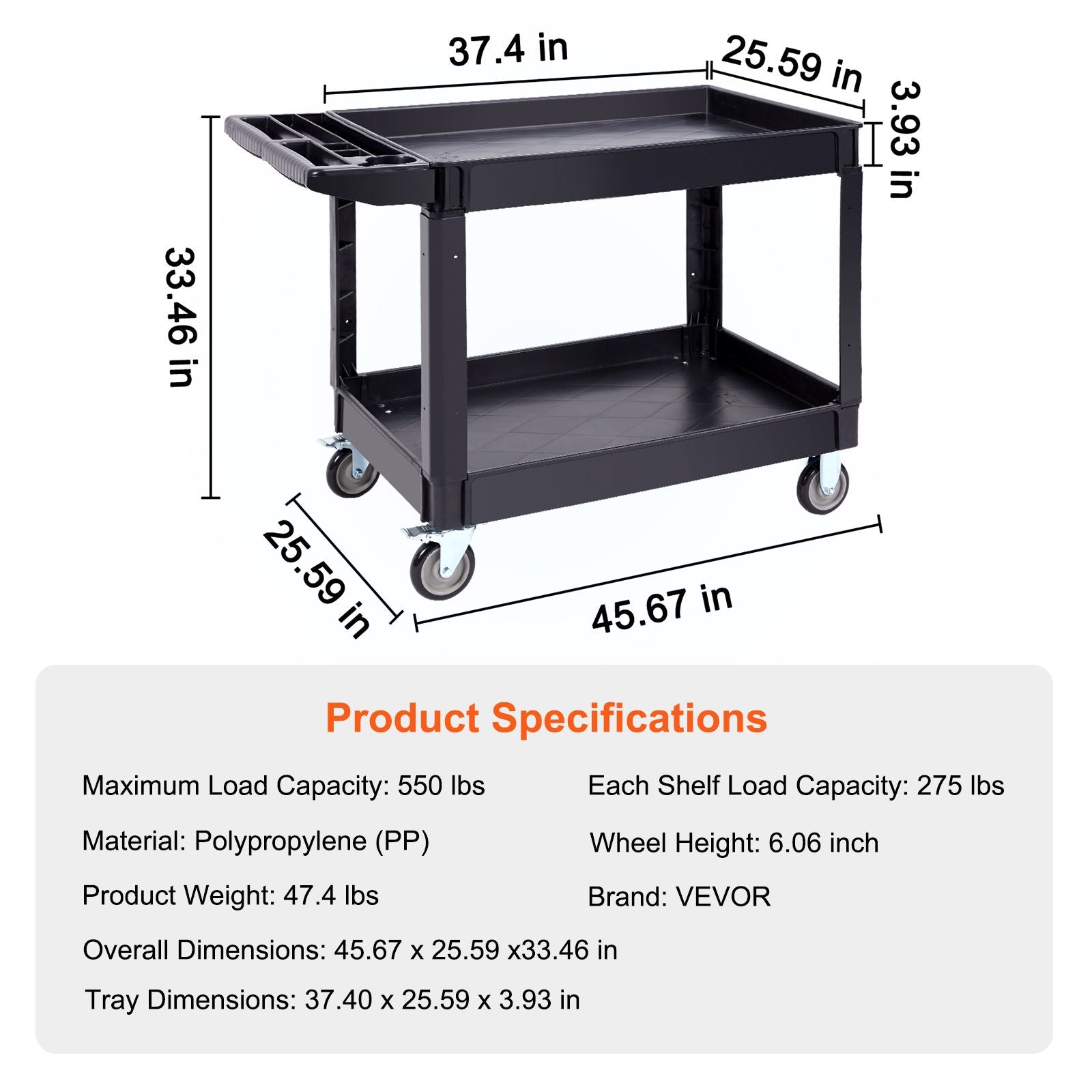Utility Service Cart, 2 Shelf 550LBS Heavy Duty Plastic Rolling Utility Cart with 360° Swivel Wheels (2 with Brakes), Large Lipped Shelf, Ergonomic Storage Handle for Warehouse/Garage/Cleaning
