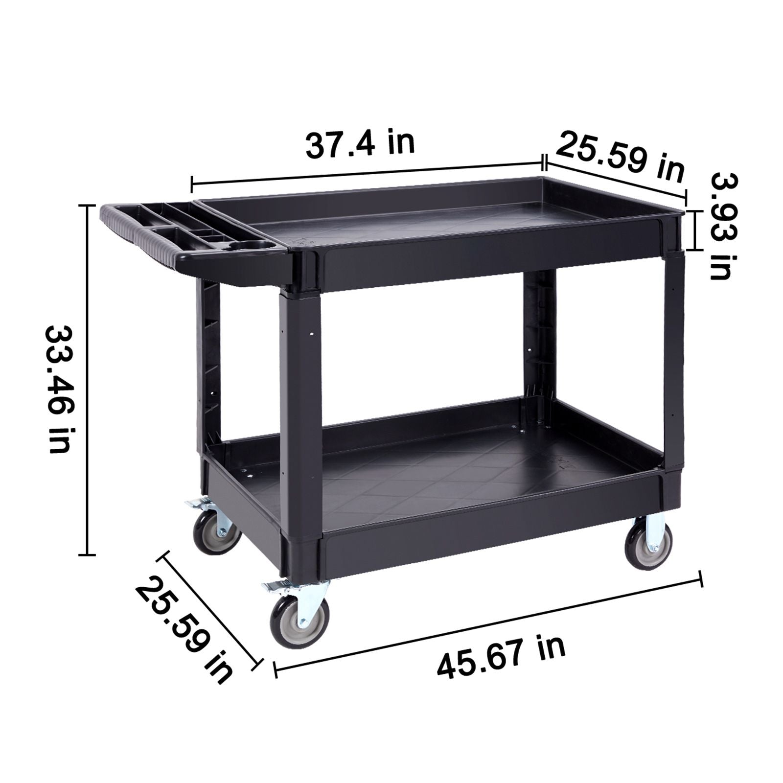 Utility Service Cart, 2 Shelf 550LBS Heavy Duty Plastic Rolling Utility Cart with 360° Swivel Wheels (2 with Brakes), Large Lipped Shelf, Ergonomic Storage Handle for Warehouse/Garage/Cleaning