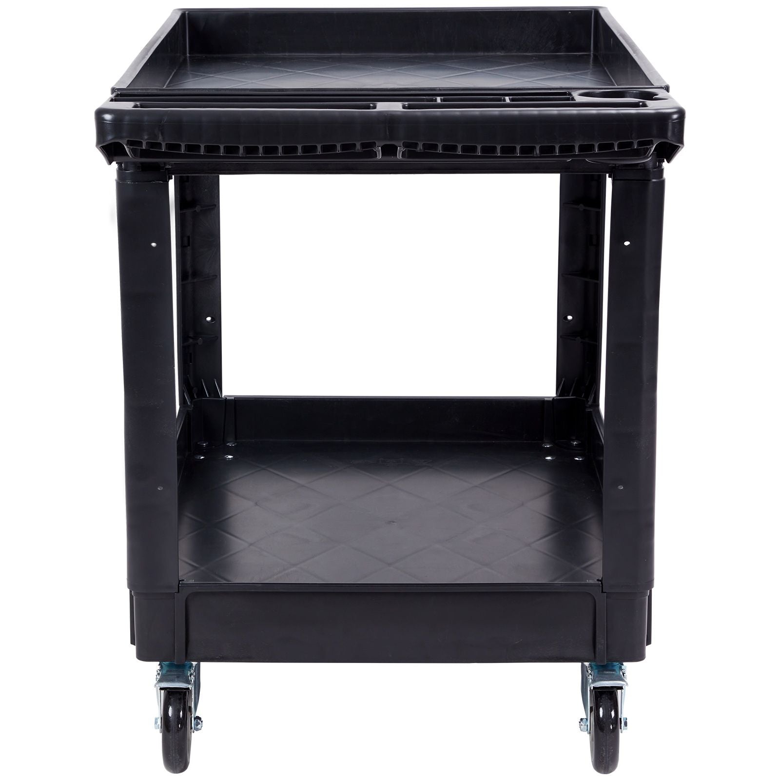 Utility Service Cart, 2 Shelf 550LBS Heavy Duty Plastic Rolling Utility Cart with 360° Swivel Wheels (2 with Brakes), Large Lipped Shelf, Ergonomic Storage Handle for Warehouse/Garage/Cleaning