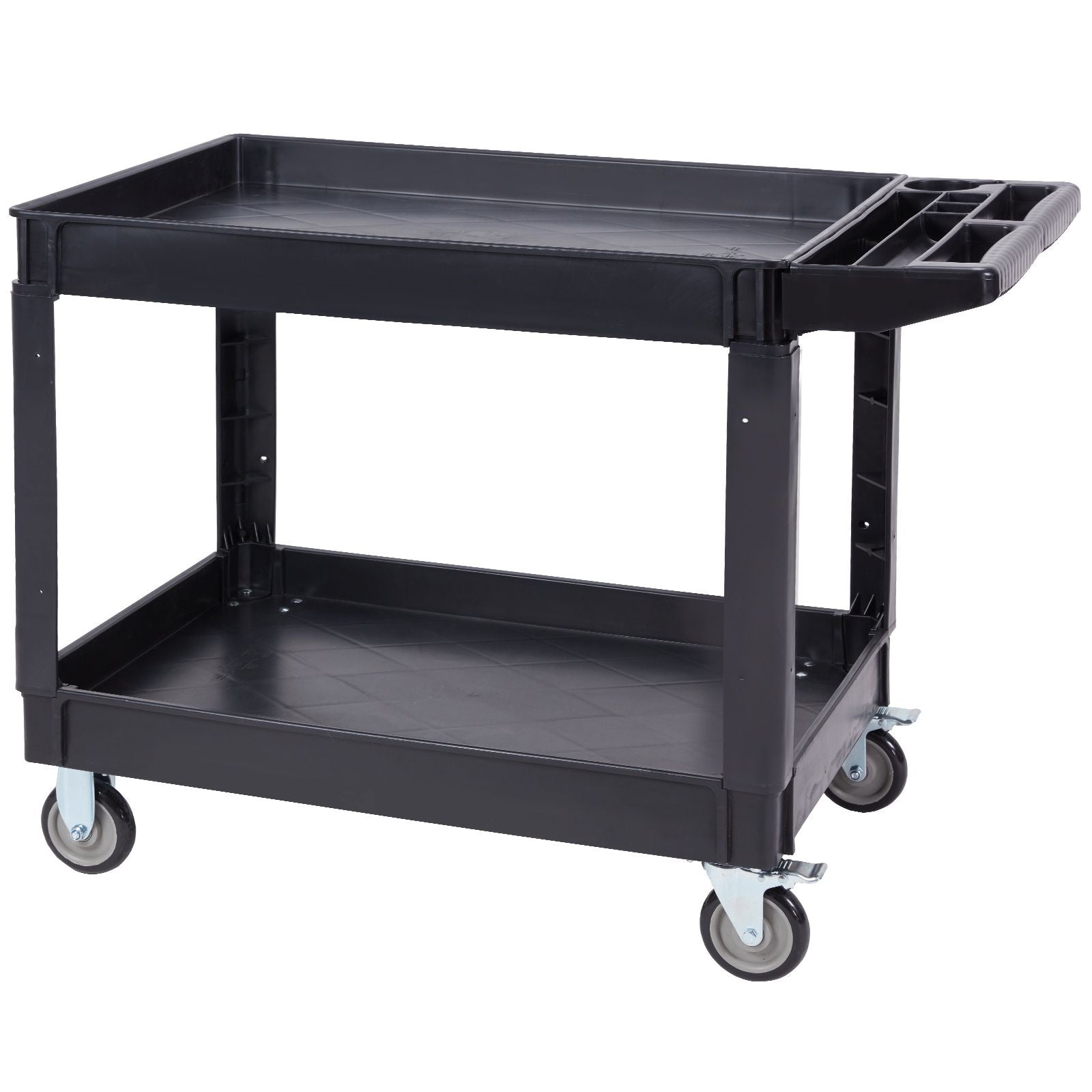 Utility Service Cart, 2 Shelf 550LBS Heavy Duty Plastic Rolling Utility Cart with 360° Swivel Wheels (2 with Brakes), Large Lipped Shelf, Ergonomic Storage Handle for Warehouse/Garage/Cleaning