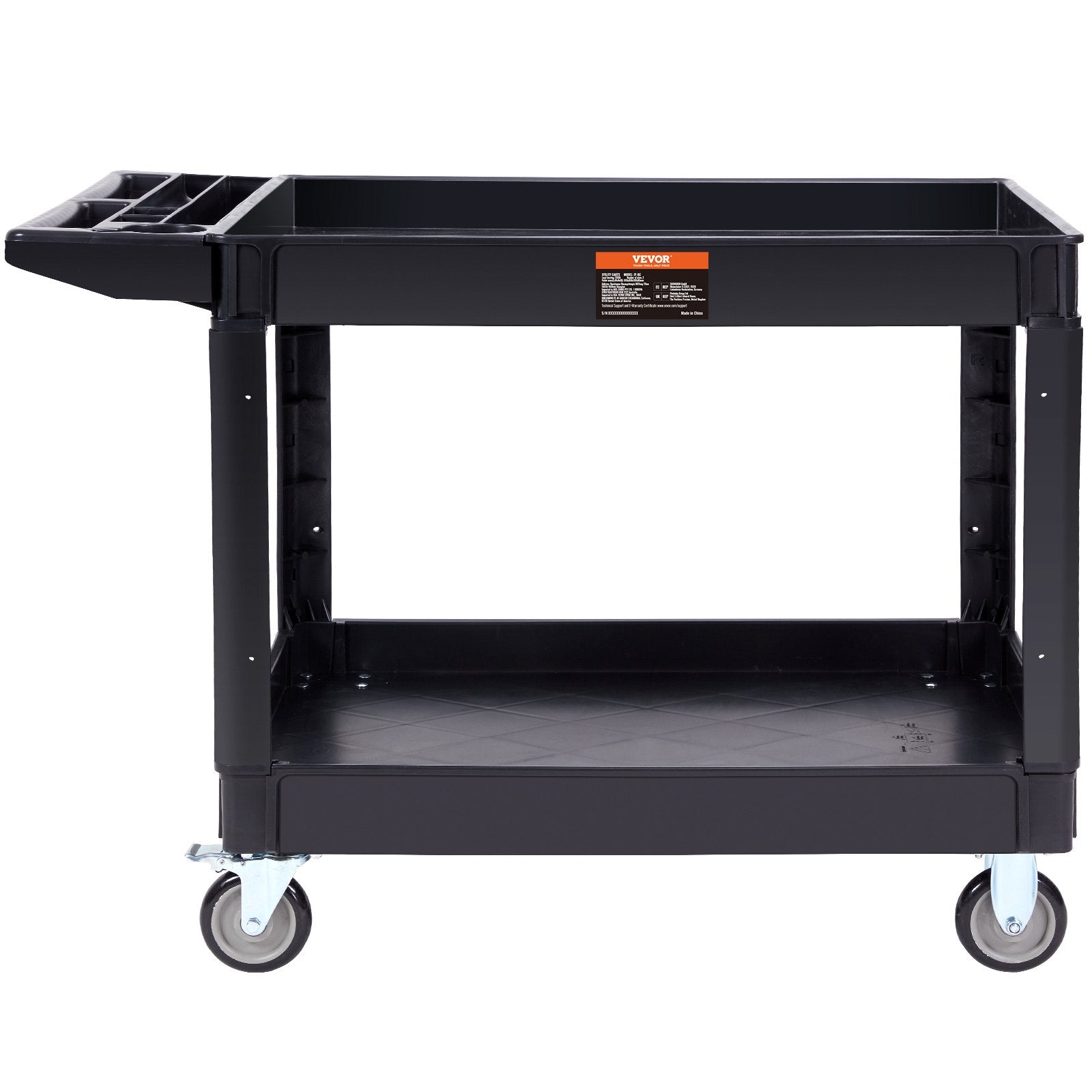 Utility Service Cart, 2 Shelf 550LBS Heavy Duty Plastic Rolling Utility Cart with 360° Swivel Wheels (2 with Brakes), Large Lipped Shelf, Ergonomic Storage Handle for Warehouse/Garage/Cleaning