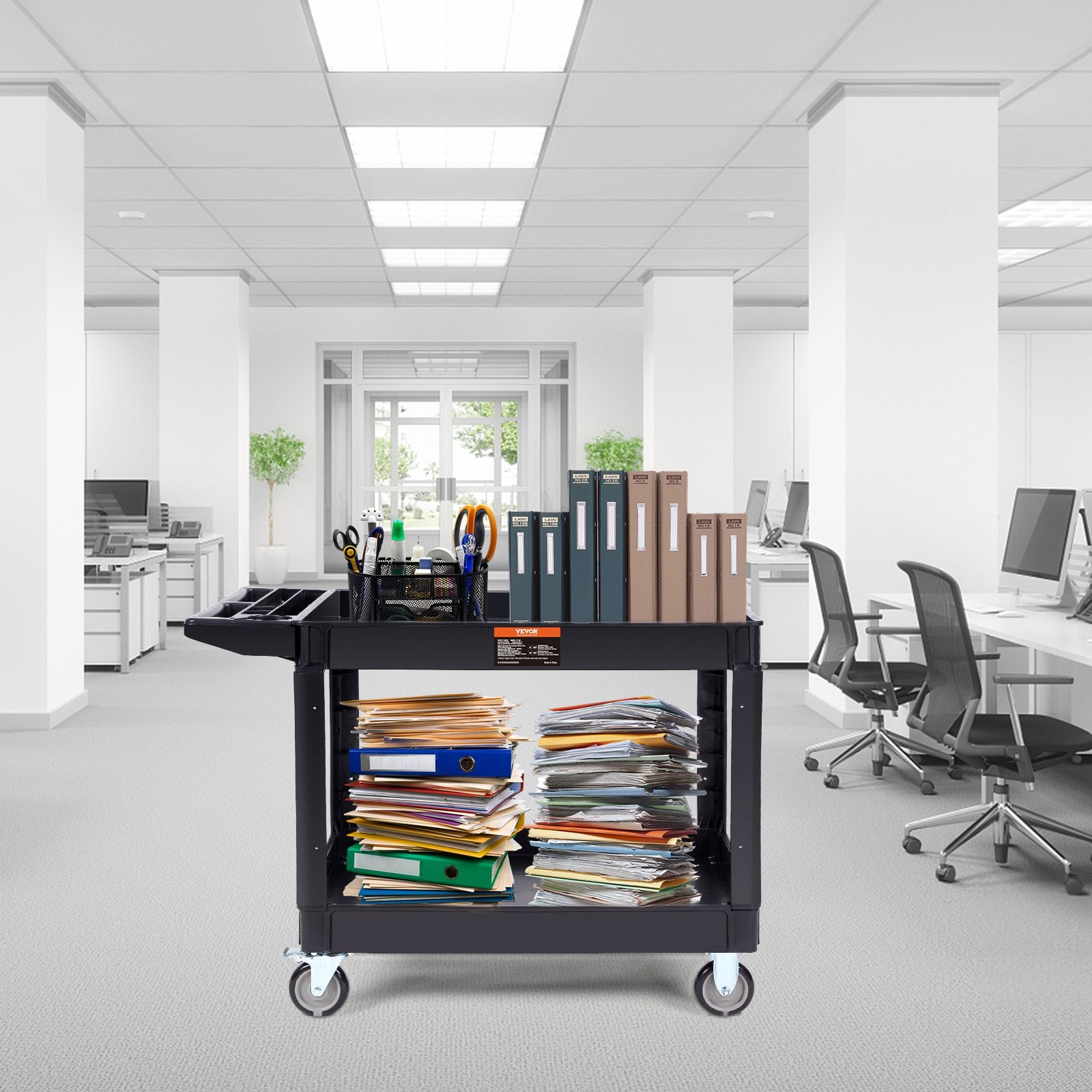 Utility Service Cart, 2 Shelf 550LBS Heavy Duty Plastic Rolling Utility Cart with 360° Swivel Wheels (2 with Brakes), Large Lipped Shelf, Ergonomic Storage Handle for Warehouse/Garage/Cleaning