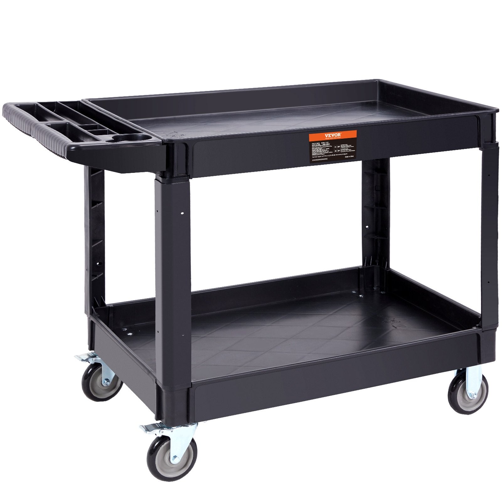 Utility Service Cart, 2 Shelf 550LBS Heavy Duty Plastic Rolling Utility Cart with 360° Swivel Wheels (2 with Brakes), Large Lipped Shelf, Ergonomic Storage Handle for Warehouse/Garage/Cleaning