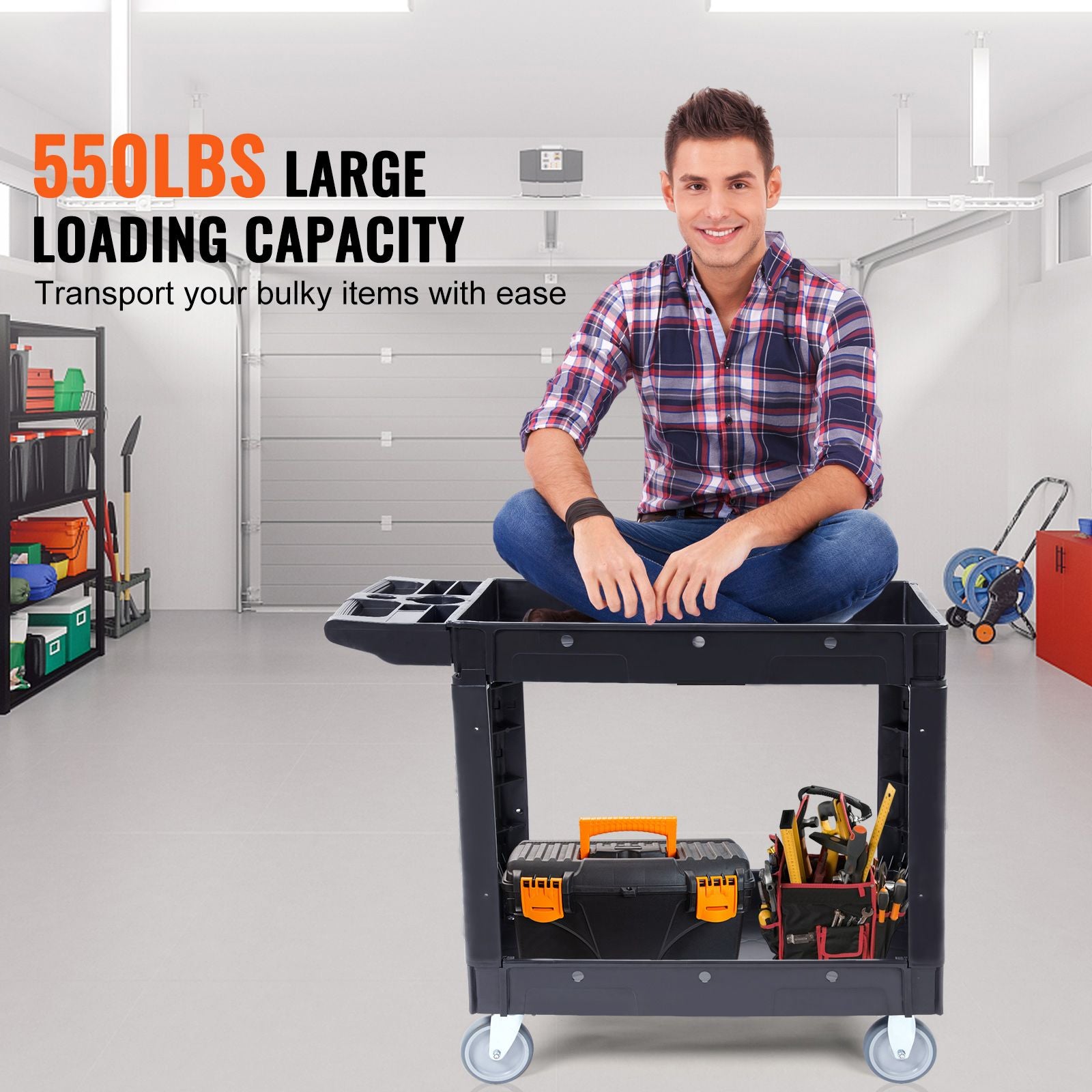 Utility Service Cart, 2 Shelf 550LBS Heavy Duty Plastic Rolling Utility Cart with 360° Swivel Wheels, Medium Lipped Shelf, Ergonomic Storage Handle for Warehouse/Garage/Cleaning/Office