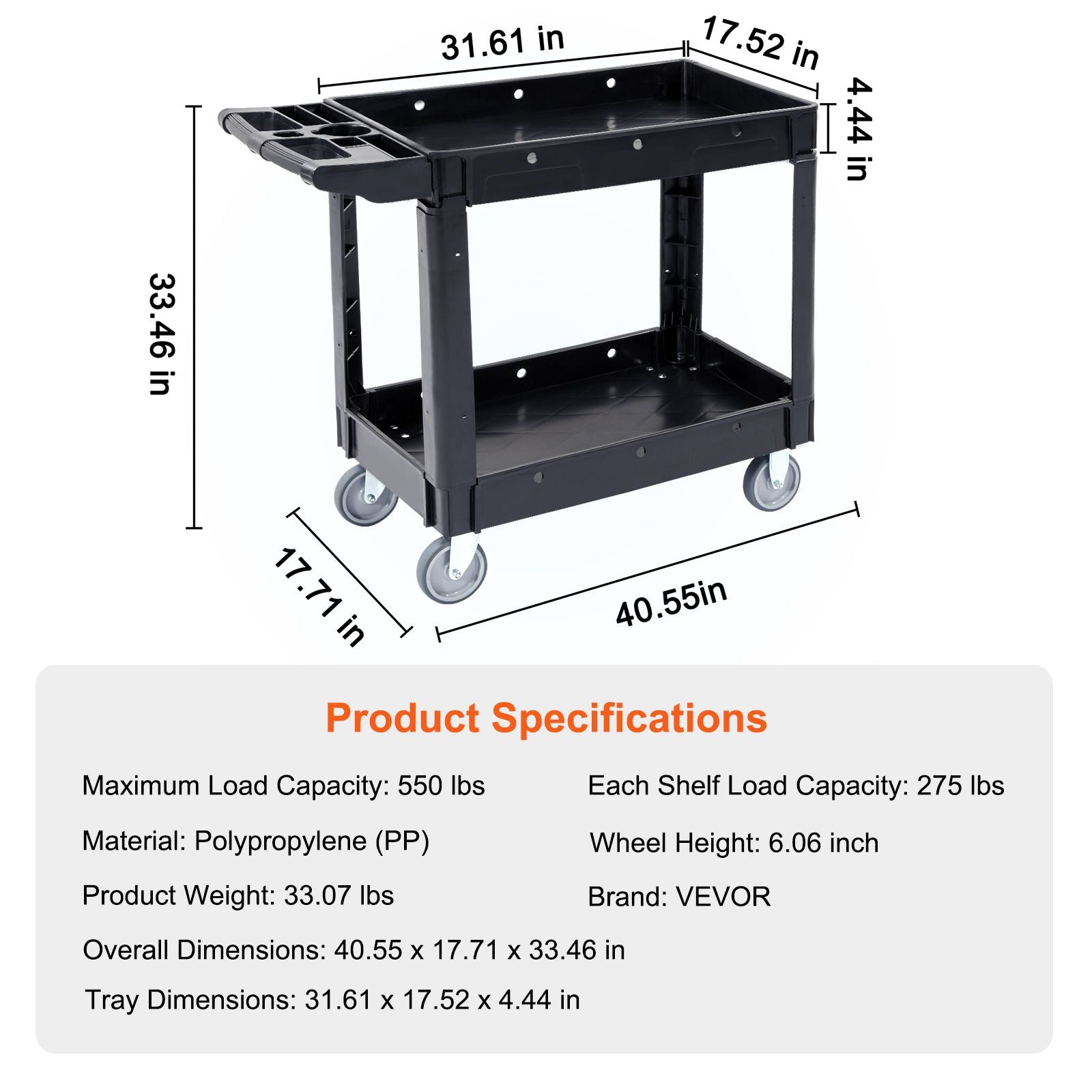Utility Service Cart, 2 Shelf 550LBS Heavy Duty Plastic Rolling Utility Cart with 360° Swivel Wheels, Medium Lipped Shelf, Ergonomic Storage Handle for Warehouse/Garage/Cleaning/Office