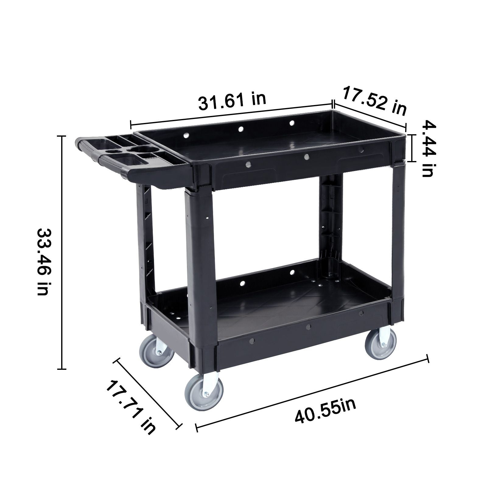 Utility Service Cart, 2 Shelf 550LBS Heavy Duty Plastic Rolling Utility Cart with 360° Swivel Wheels, Medium Lipped Shelf, Ergonomic Storage Handle for Warehouse/Garage/Cleaning/Office