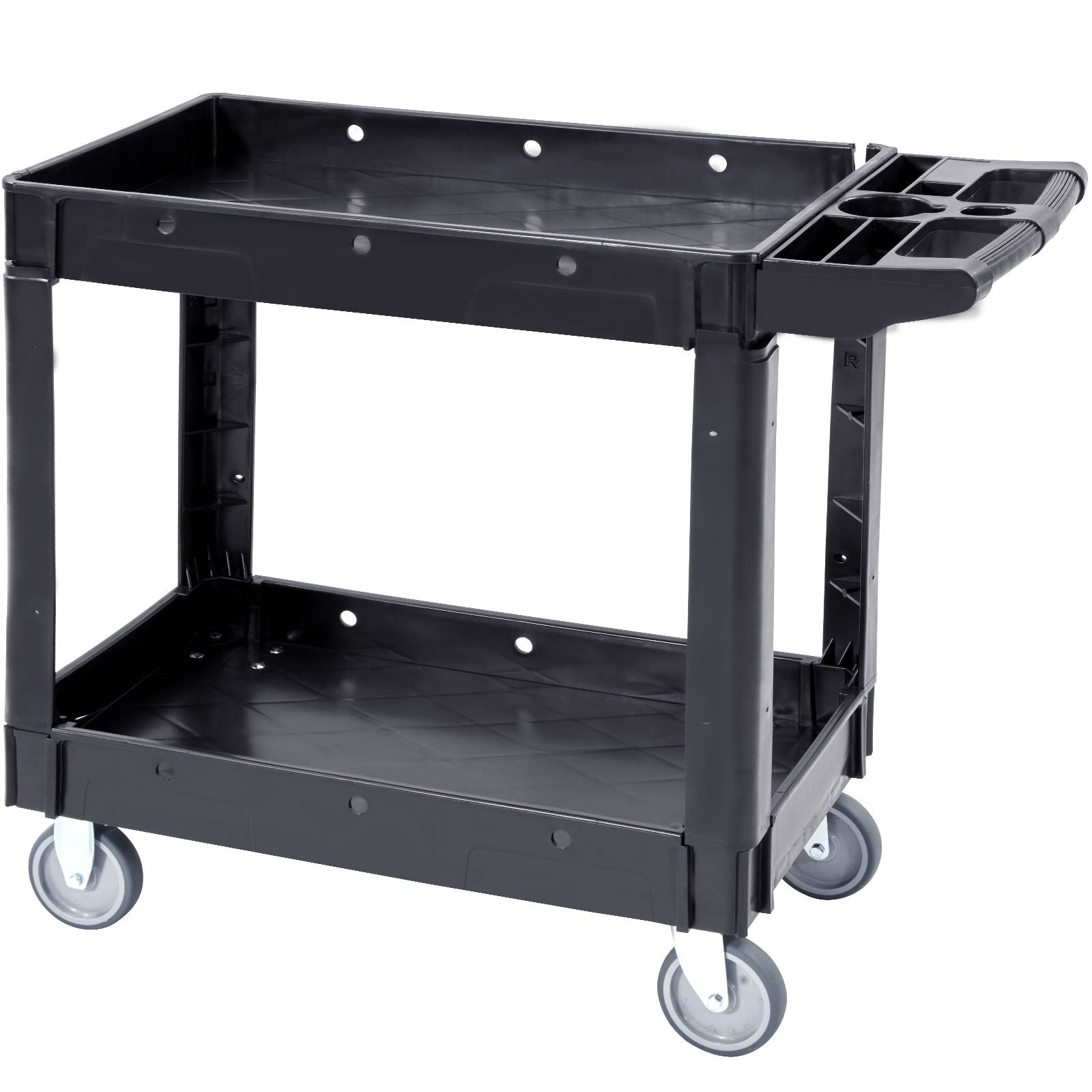 Utility Service Cart, 2 Shelf 550LBS Heavy Duty Plastic Rolling Utility Cart with 360° Swivel Wheels, Medium Lipped Shelf, Ergonomic Storage Handle for Warehouse/Garage/Cleaning/Office