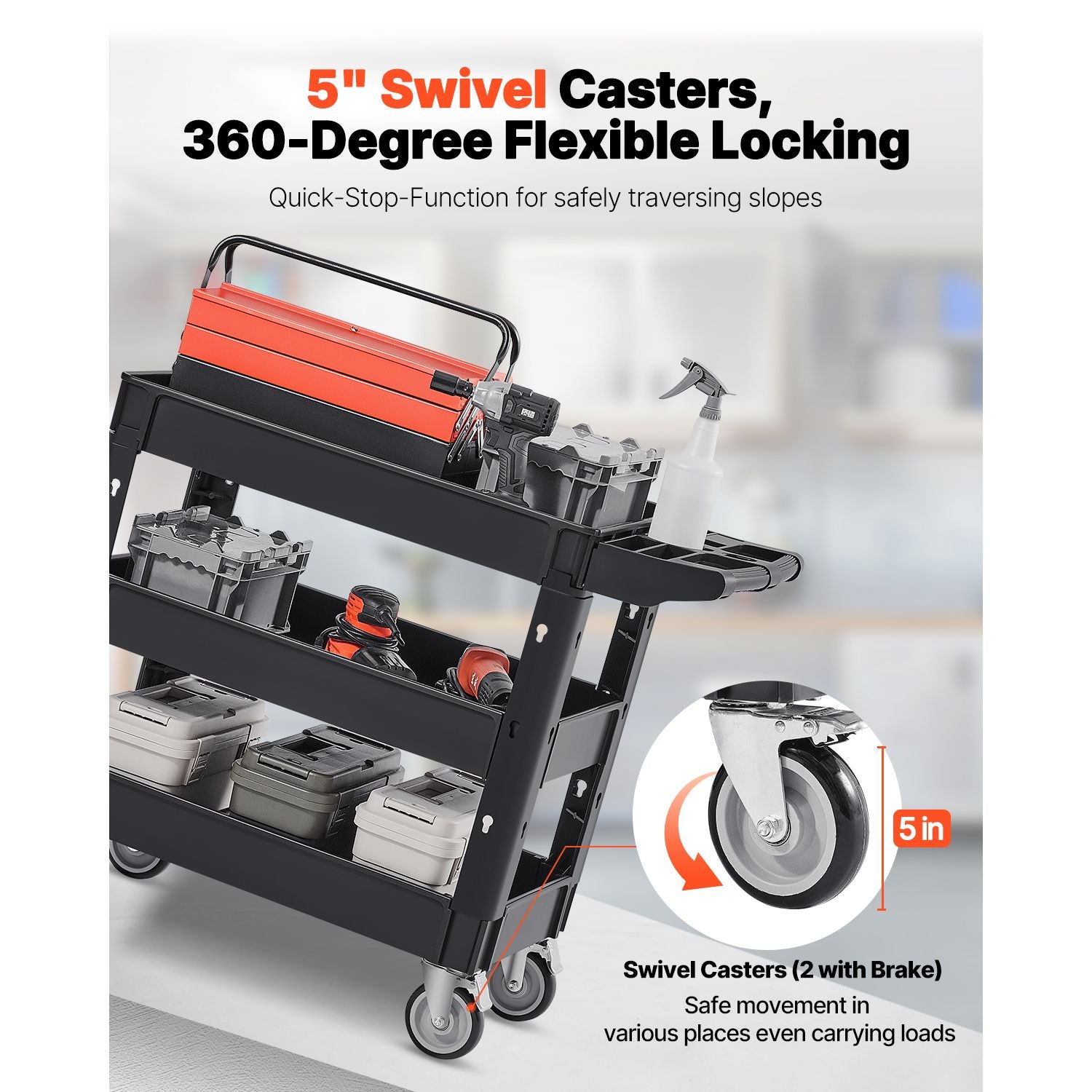 550lbs 3 Shelf Heavy Duty Utility Cart Plastic Rolling Service Trolley
