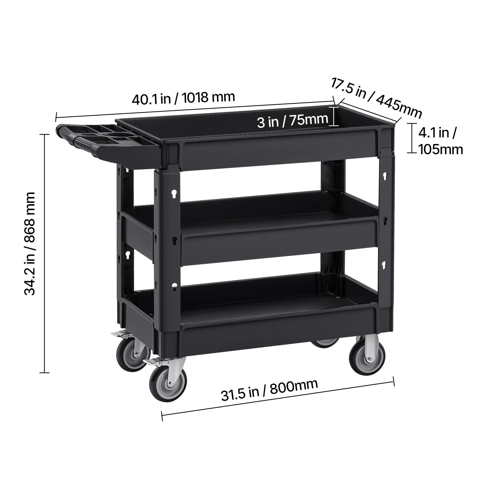 550lbs 3 Shelf Heavy Duty Utility Cart Plastic Rolling Service Trolley