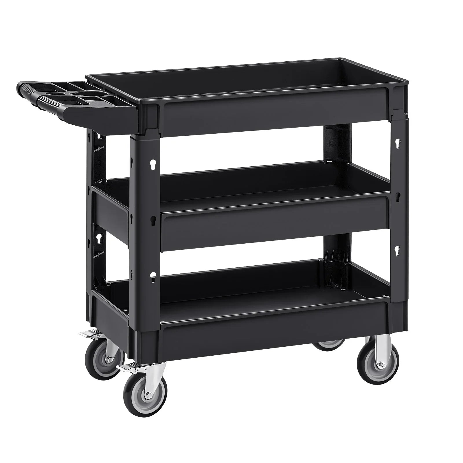 Utility Service Cart, 550 LBS Laod Capacity, 3 Shelf Heavy Duty Plastic Rolling Utility Cart with 360° Swivel Wheels (2 with Brakes), Ergonomic Storage Handle for Warehouse/Garage/Cleaning