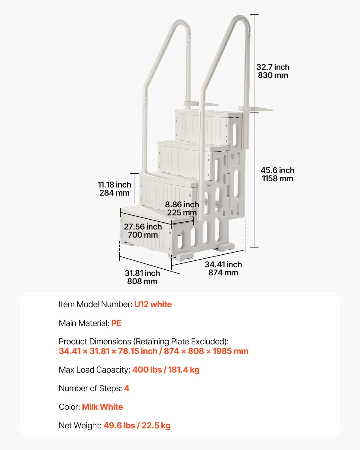 4-Step White Robust Pool Ladder of 2 Handrails for 1219.2-1371.6 mm Pools