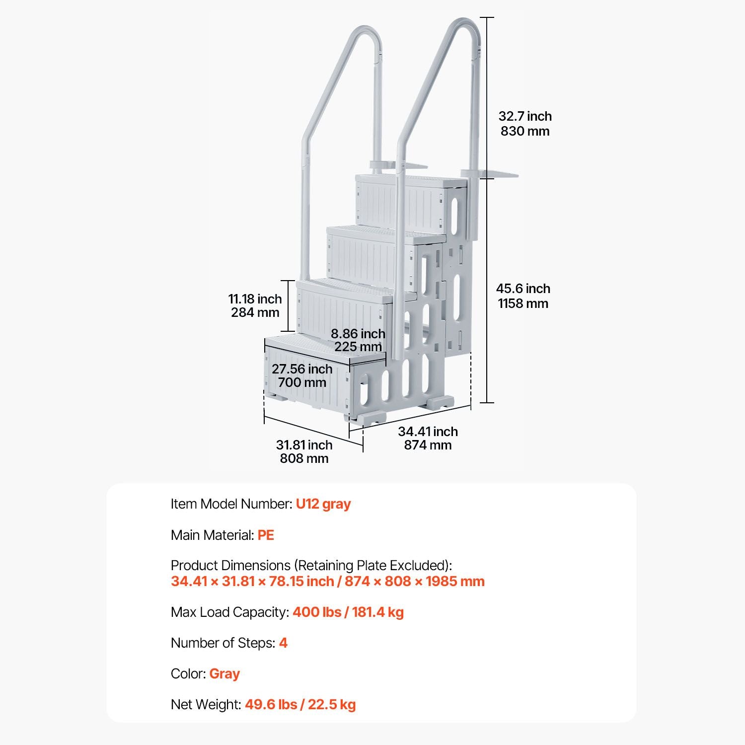 4-Step Grey Robust Pool Ladder of 2 Handrails for 1219.2-1371.6 mm Pools
