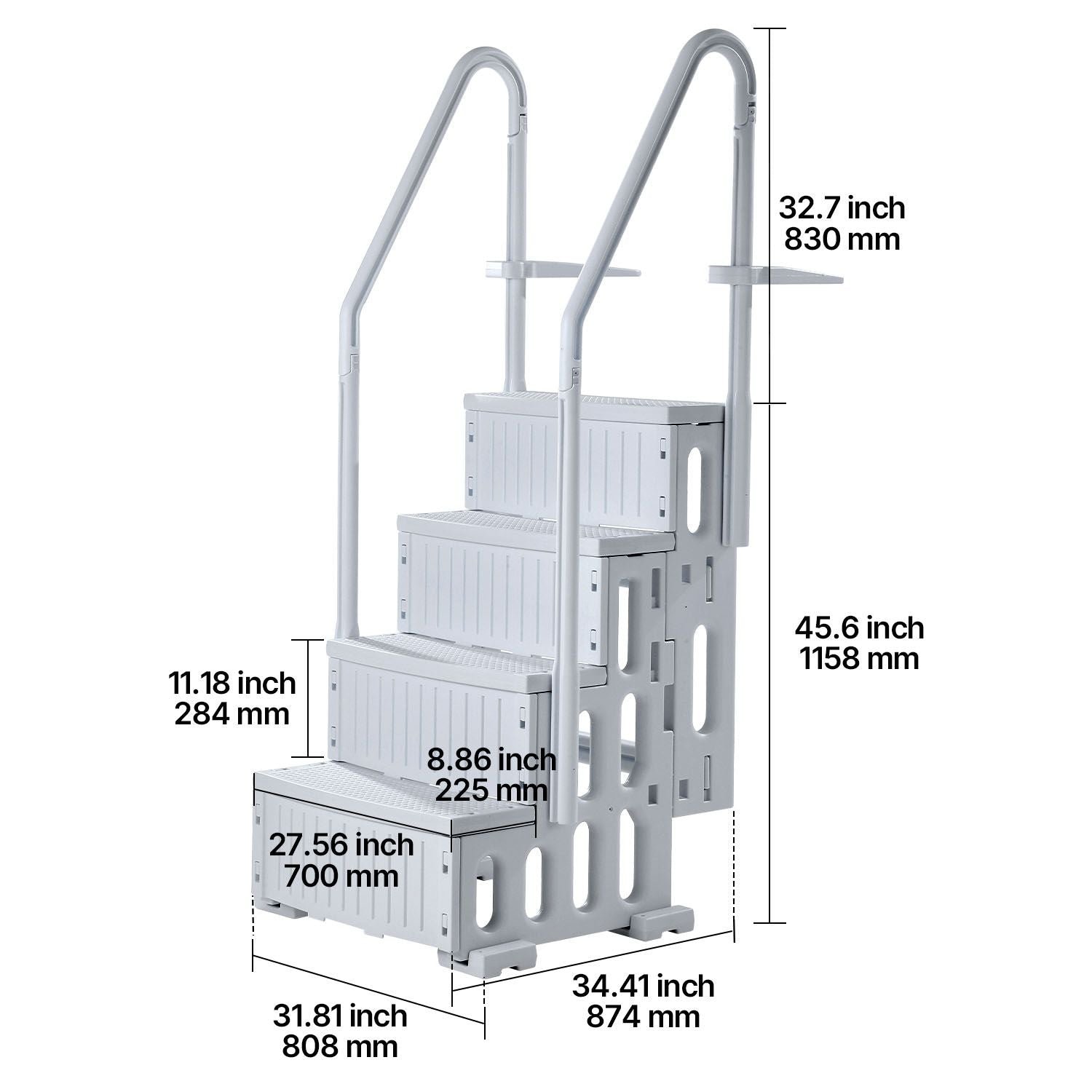 4-Step Grey Robust Pool Ladder of 2 Handrails for 1219.2-1371.6 mm Pools