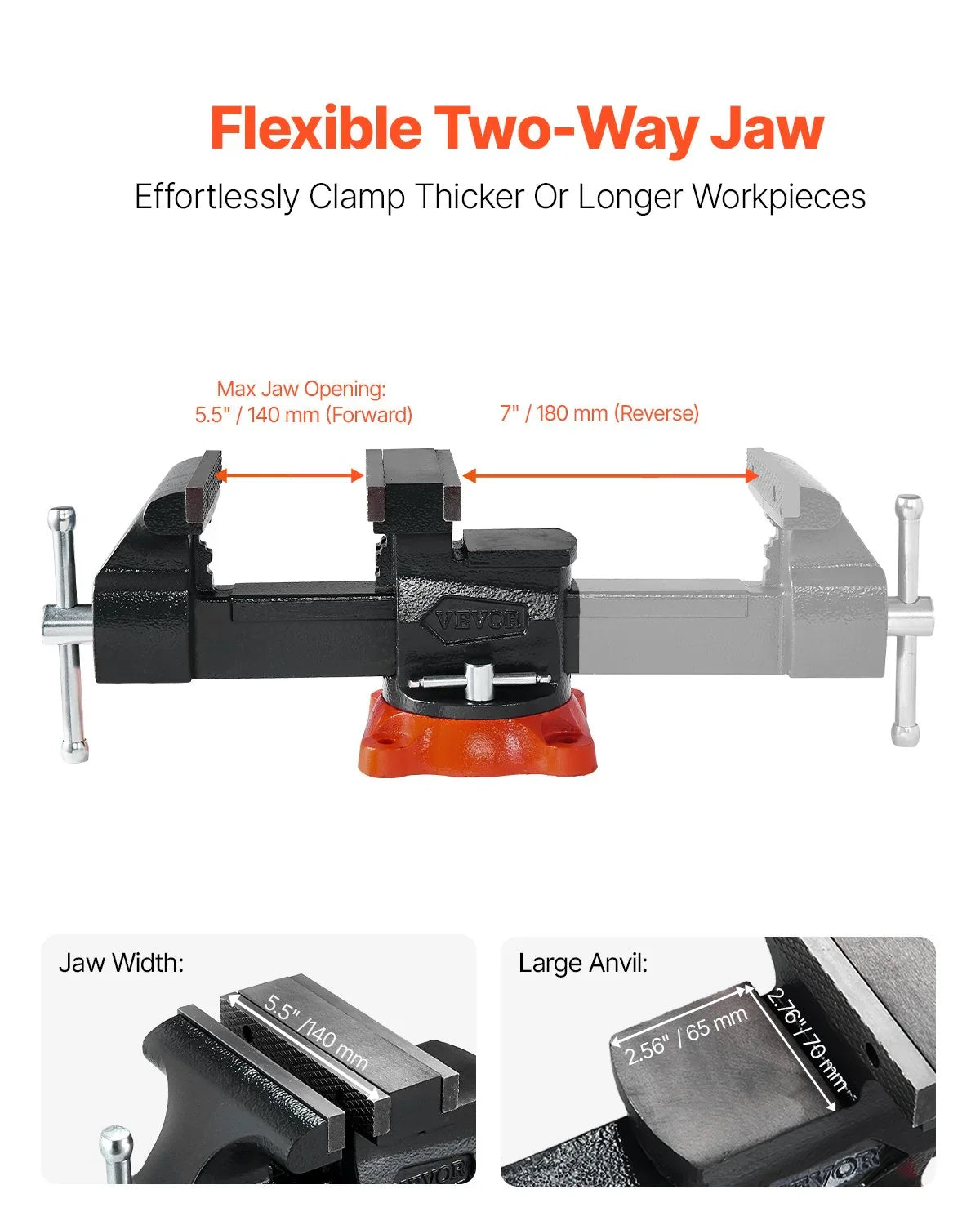 Bench Vise, 140 mm Jaw Width, 140 mm Max Jaw Opening Multipurpose Vise with 360° Swivel Locking Base, 73 mm Throat, Heavy Duty Ductile Iron Workbench Vise, Two-Way Jaws for Clamping Round Pipes