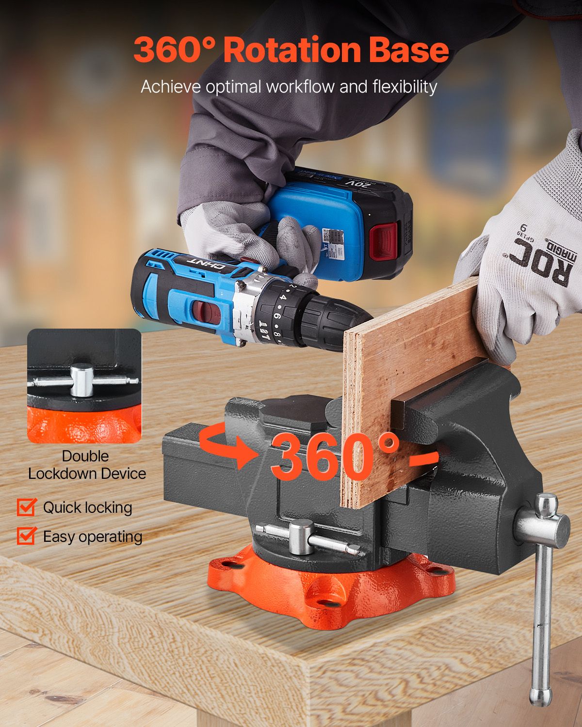 Bench Vise, 127 mm Jaw Width, 125 mm Max Jaw Opening Multipurpose Vise with 360° Swivel Locking Base, 71 mm Throat, Heavy Duty Ductile Iron Workbench Vise with Anvil, for Clamping Round Pipes