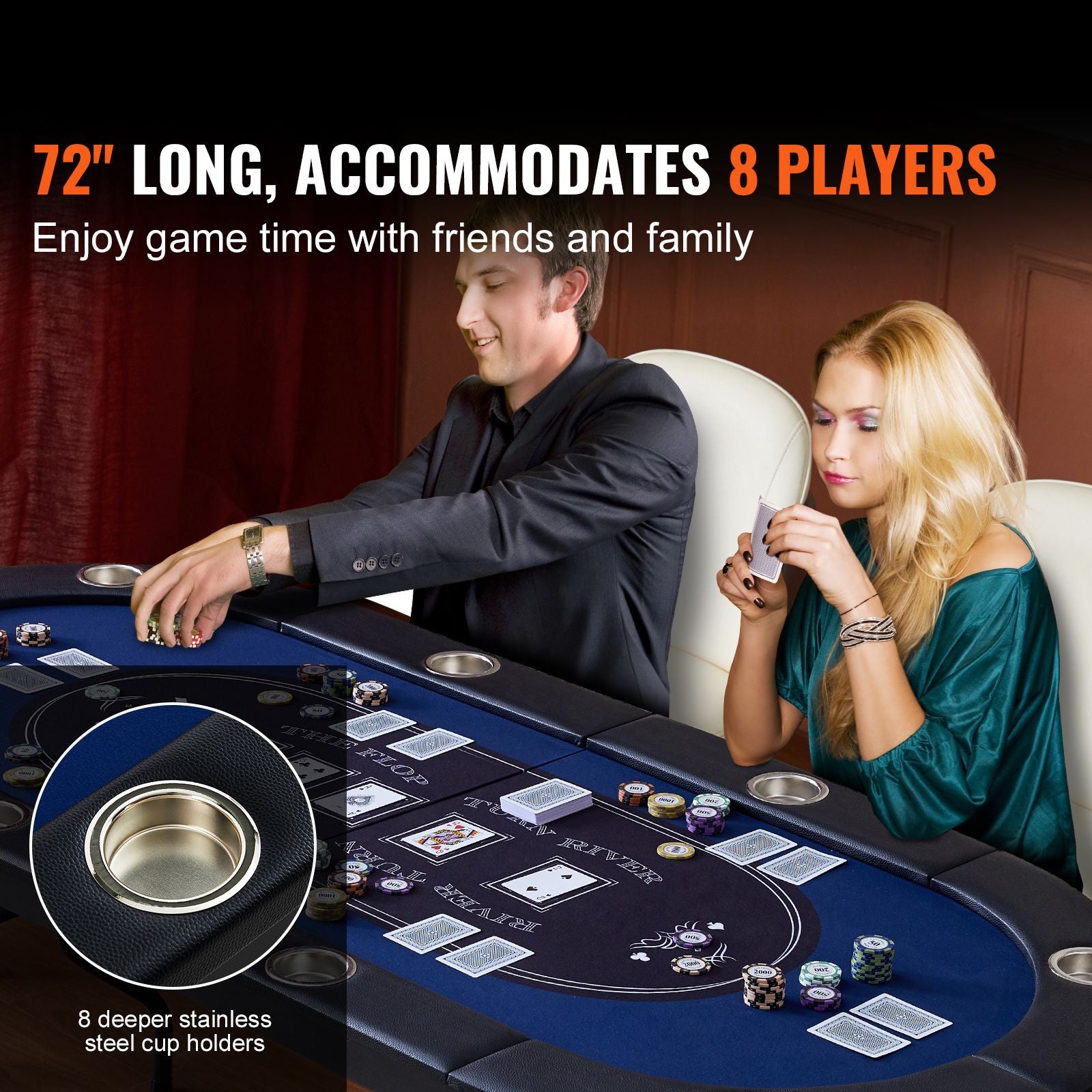 8 Player Foldable Poker Table, Blackjack Texas Holdem Poker Table with Padded Rails and Stainless Steel Cup Holders, Portable Folding Card Board Game Table,183cm Oval Casino Leisure Table, Blue