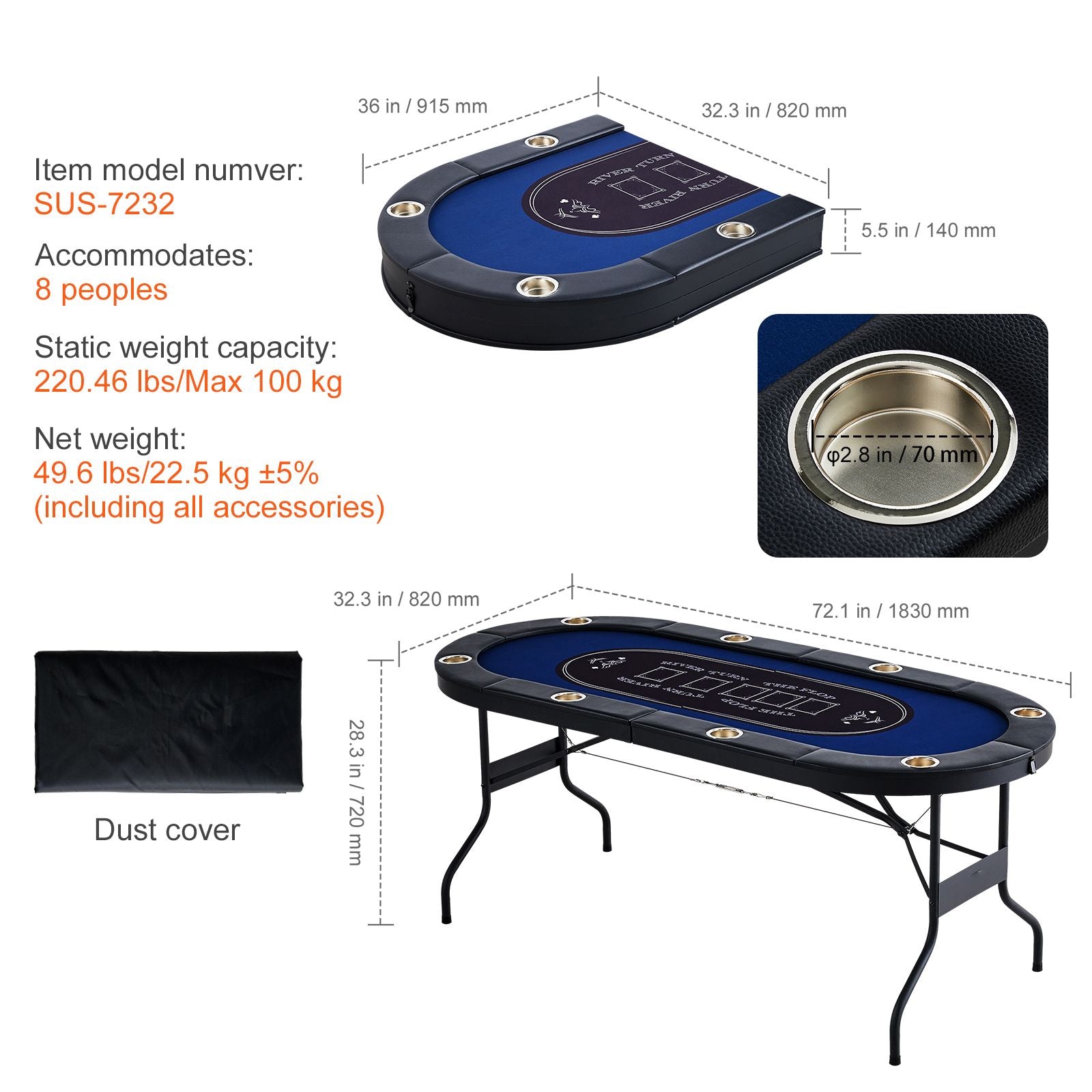 8 Player Foldable Poker Table, Blackjack Texas Holdem Poker Table with Padded Rails and Stainless Steel Cup Holders, Portable Folding Card Board Game Table,183cm Oval Casino Leisure Table, Blue