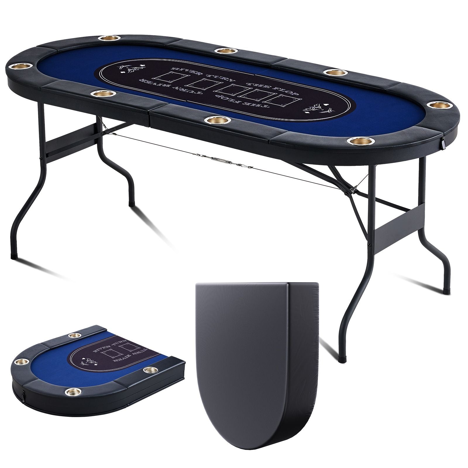 8 Player Foldable Poker Table, Blackjack Texas Holdem Poker Table with Padded Rails and Stainless Steel Cup Holders, Portable Folding Card Board Game Table,183cm Oval Casino Leisure Table, Blue